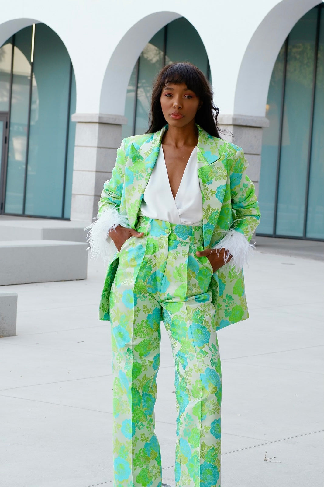 LIGHT GREEN OVERSIZED JACQUARD FLORAL PRINT PANTS