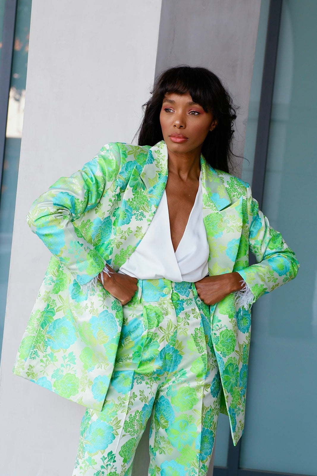 PANTALON JACQUARD OVERSIZED À IMPRIMÉ FLORAL VERT CLAIR