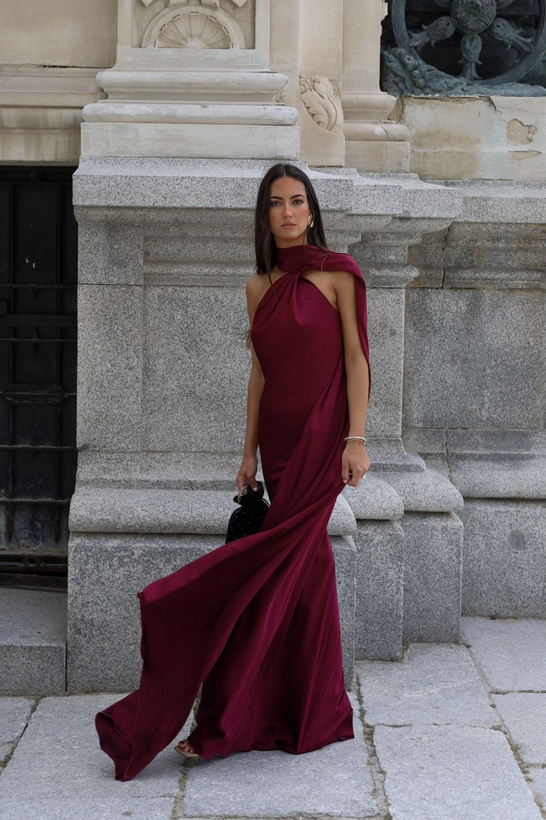 LONG BORDEAUX DRESS WITH CAPE - KAO LONG BORDEAUX DRESS WITH CAPE - KAO