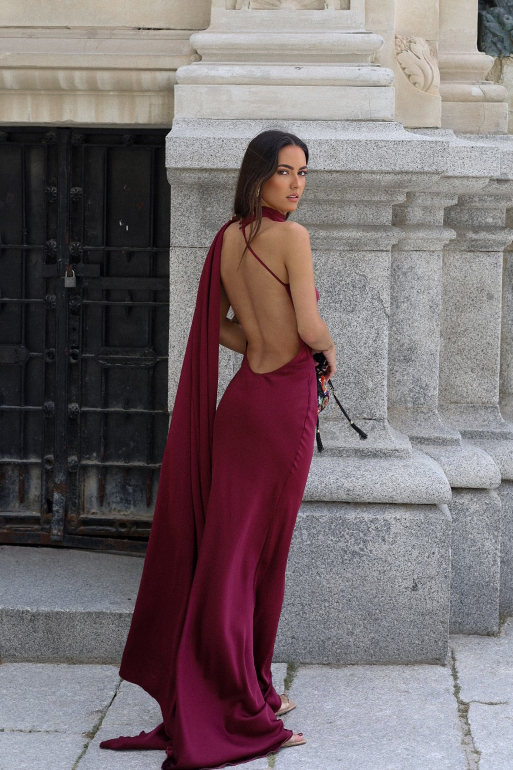 LONG BORDEAUX DRESS WITH CAPE - KAO LONG BORDEAUX DRESS WITH CAPE - KAO