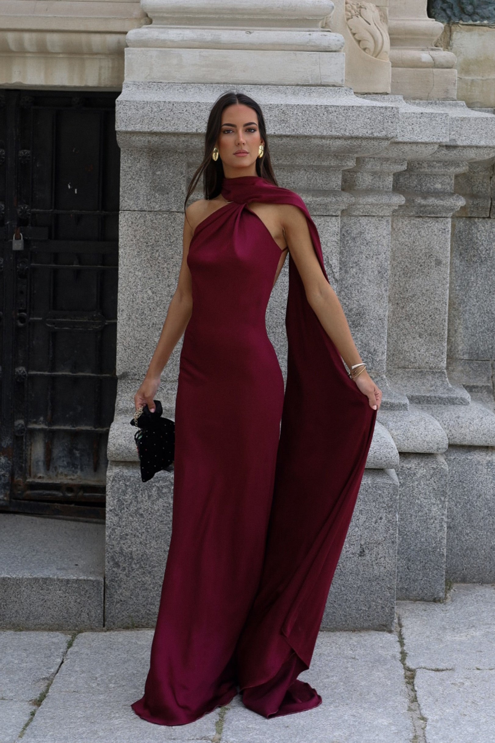 LONG BORDEAUX DRESS WITH CAPE - KAO LONG BORDEAUX DRESS WITH CAPE - KAO