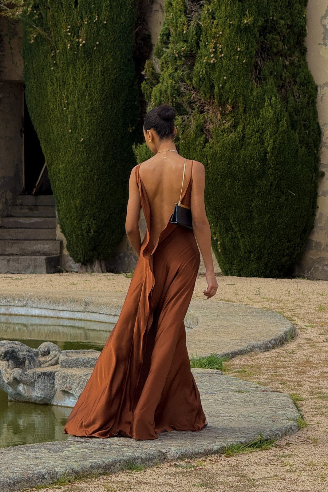 BROWN DRESS WITH DEEP BACK NECKLINE