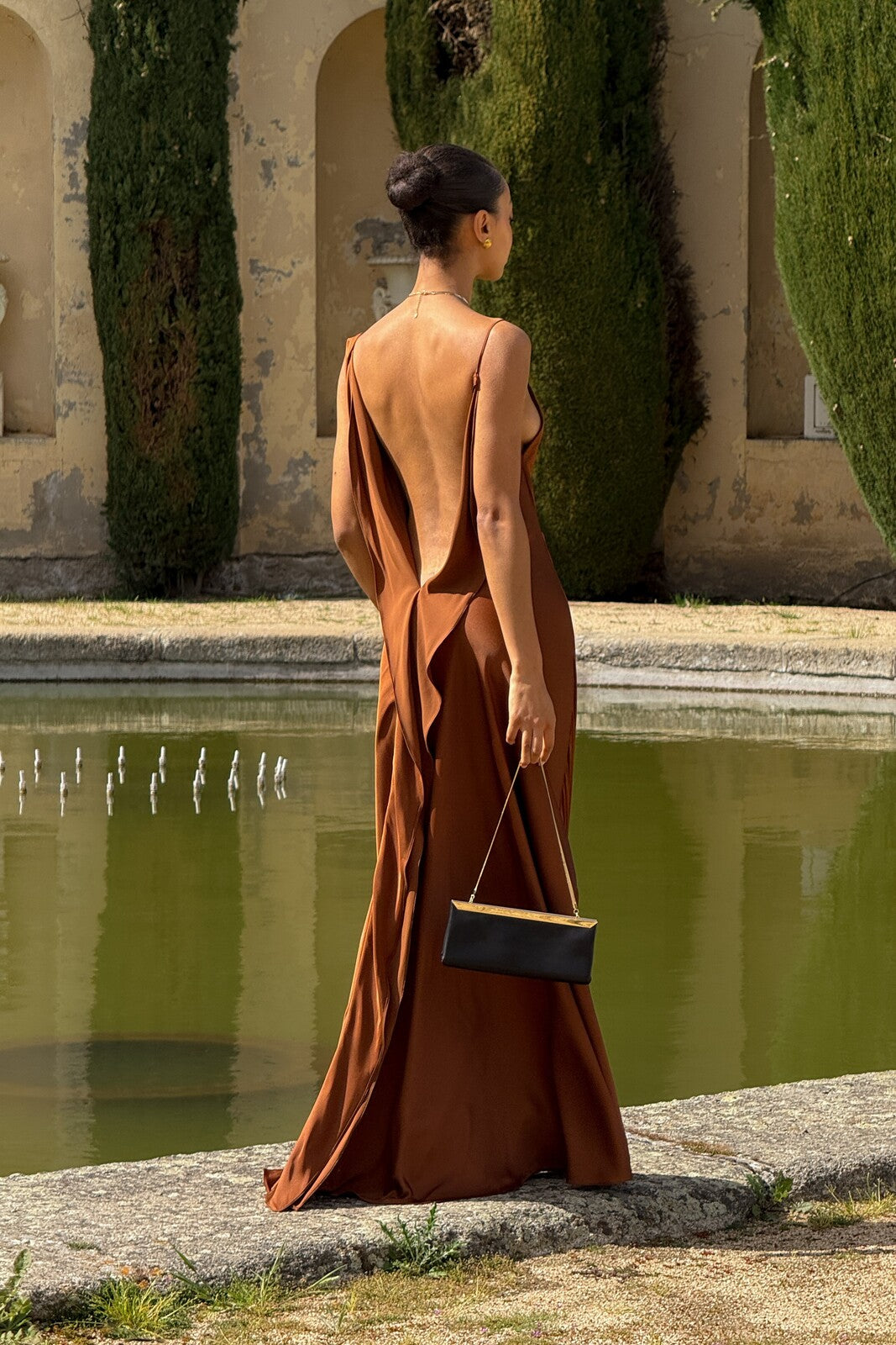 BROWN DRESS WITH DEEP BACK NECKLINE