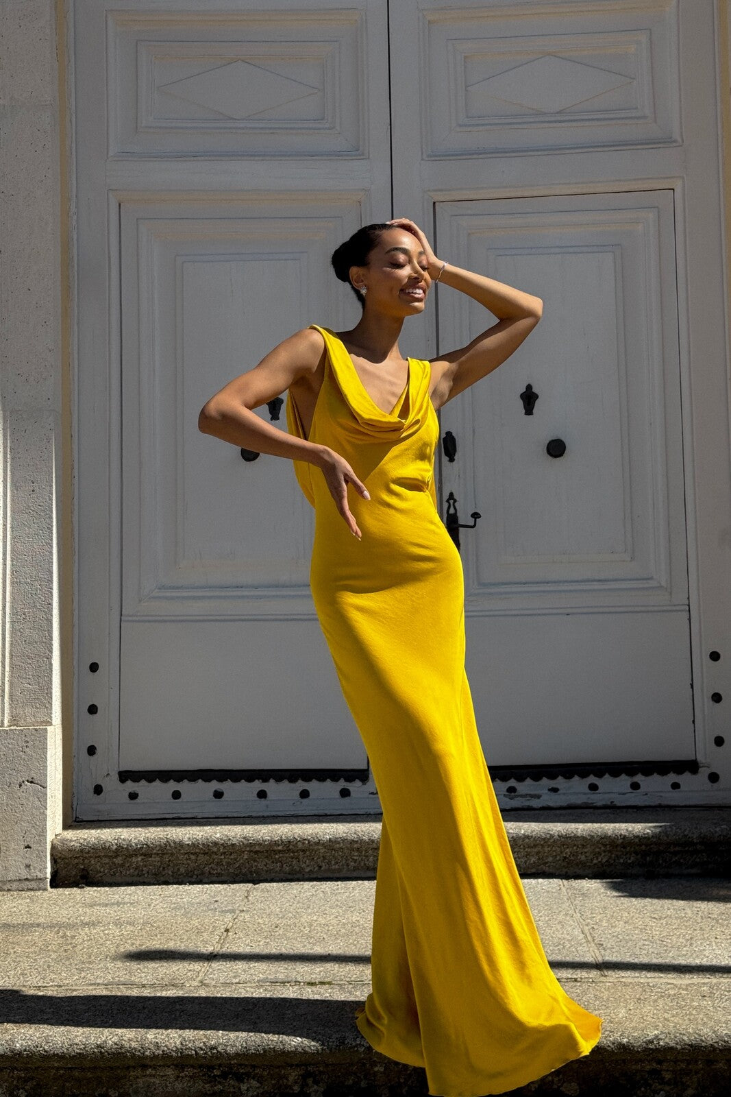 Yellow Dress with Draped Neckline