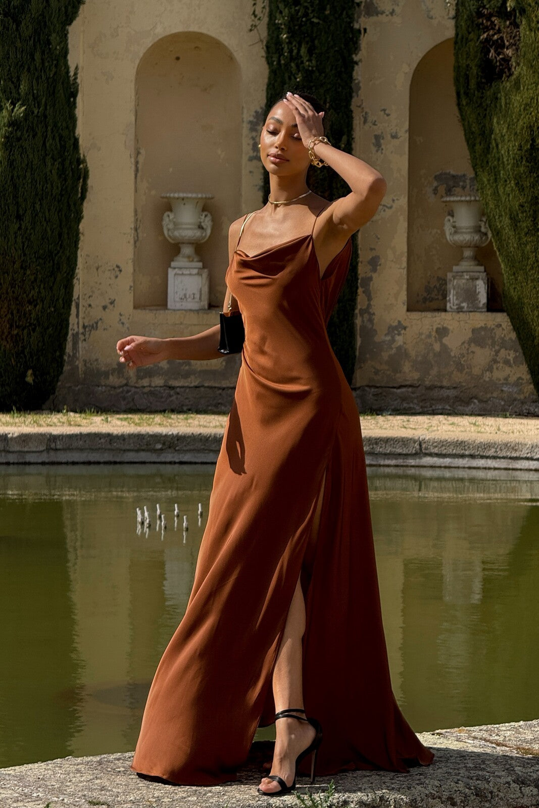 BROWN DRESS WITH DEEP BACK NECKLINE