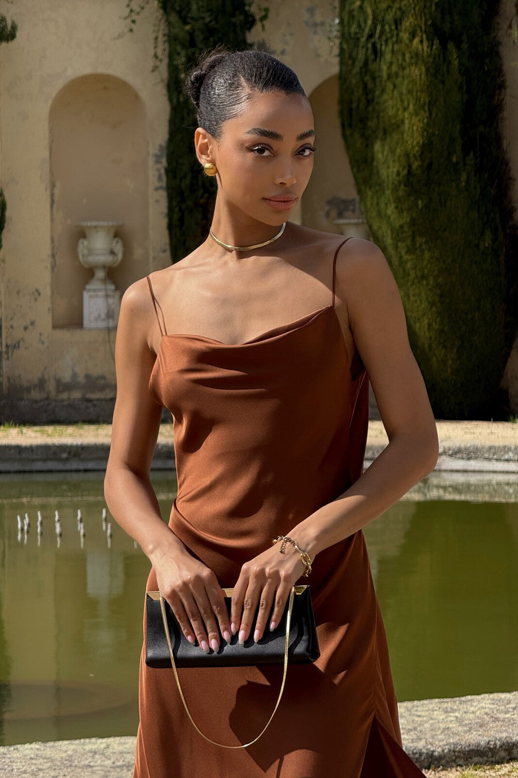 BROWN DRESS WITH DEEP BACK NECKLINE