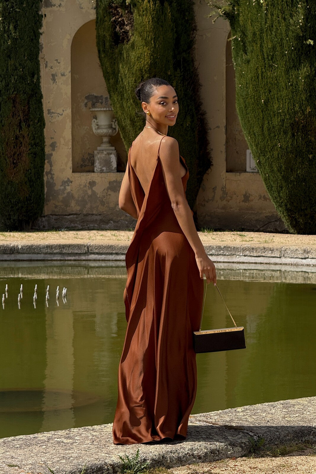 BROWN DRESS WITH DEEP BACK NECKLINE