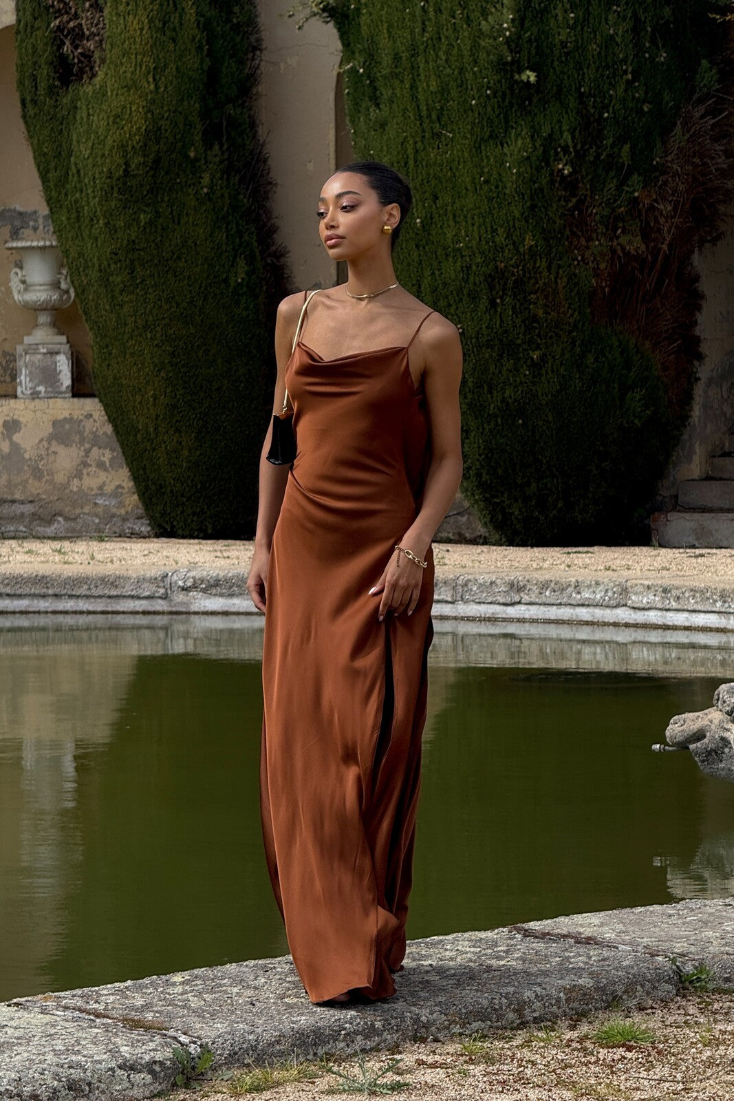 BROWN DRESS WITH DEEP BACK NECKLINE