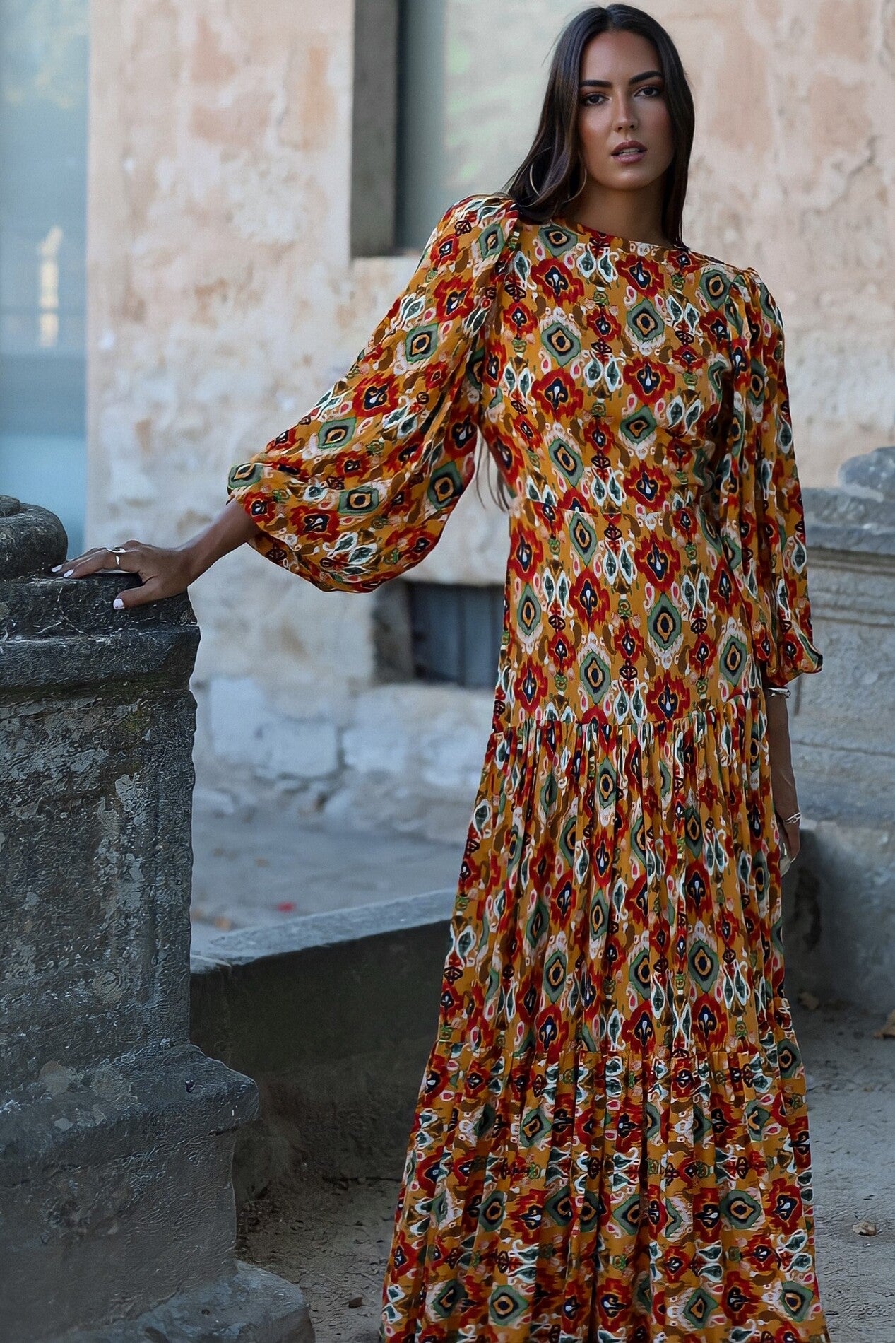 LONG ORANGE DRESS WITH FLORAL PRINT
