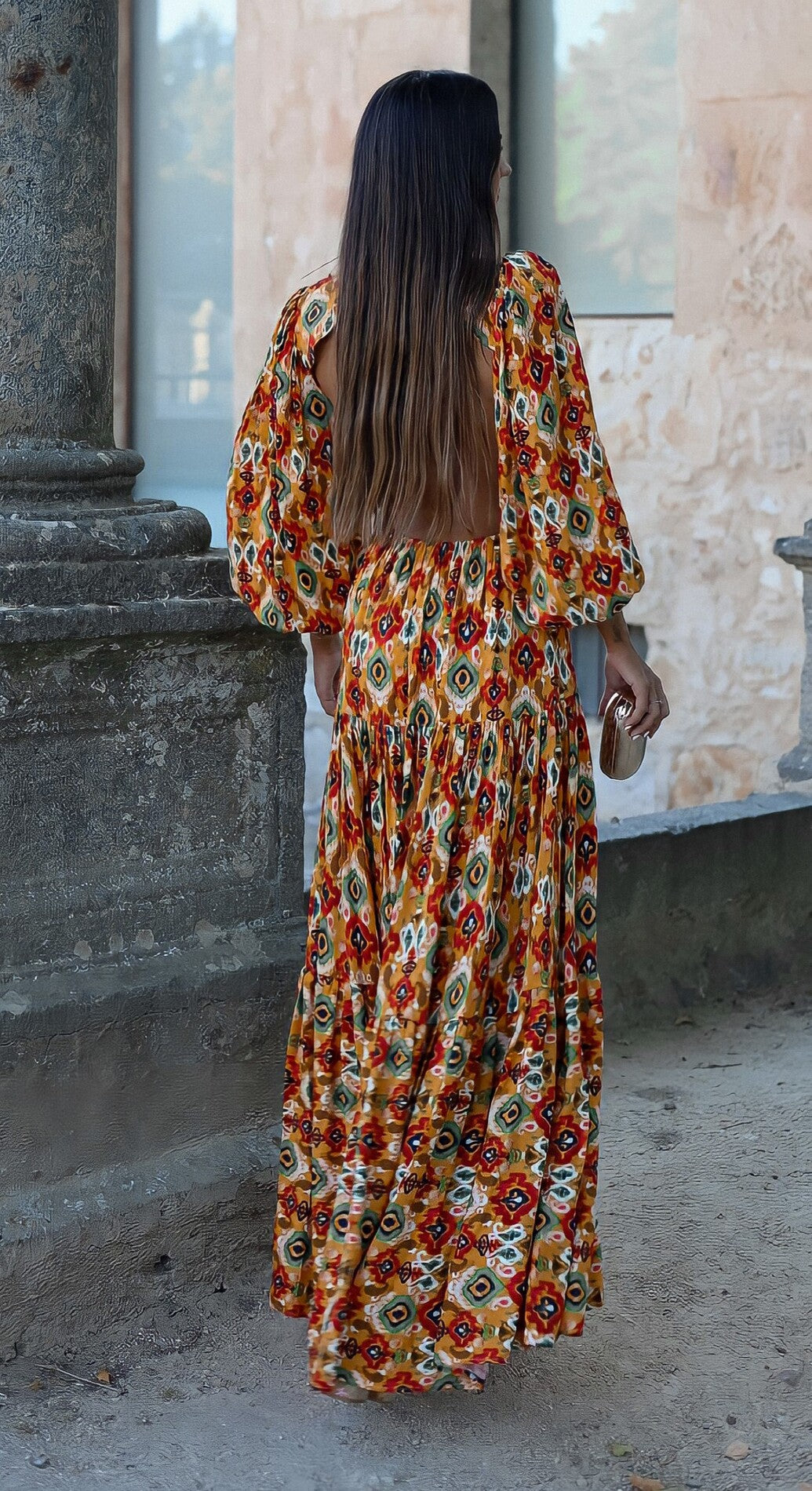 VESTIDO LARANJA COMPRIDO COM ESTAMPADO FLORAL