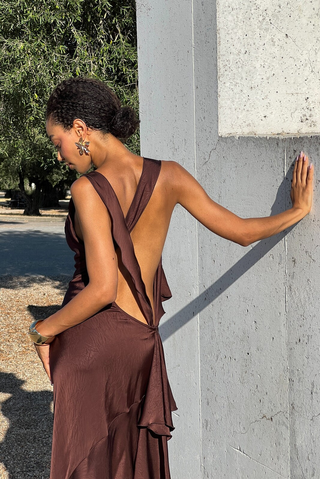brown drape dress One Shoulder Draped Knot Waist Satin Gown In Dark Brown, Dark Brown / Regular / 18