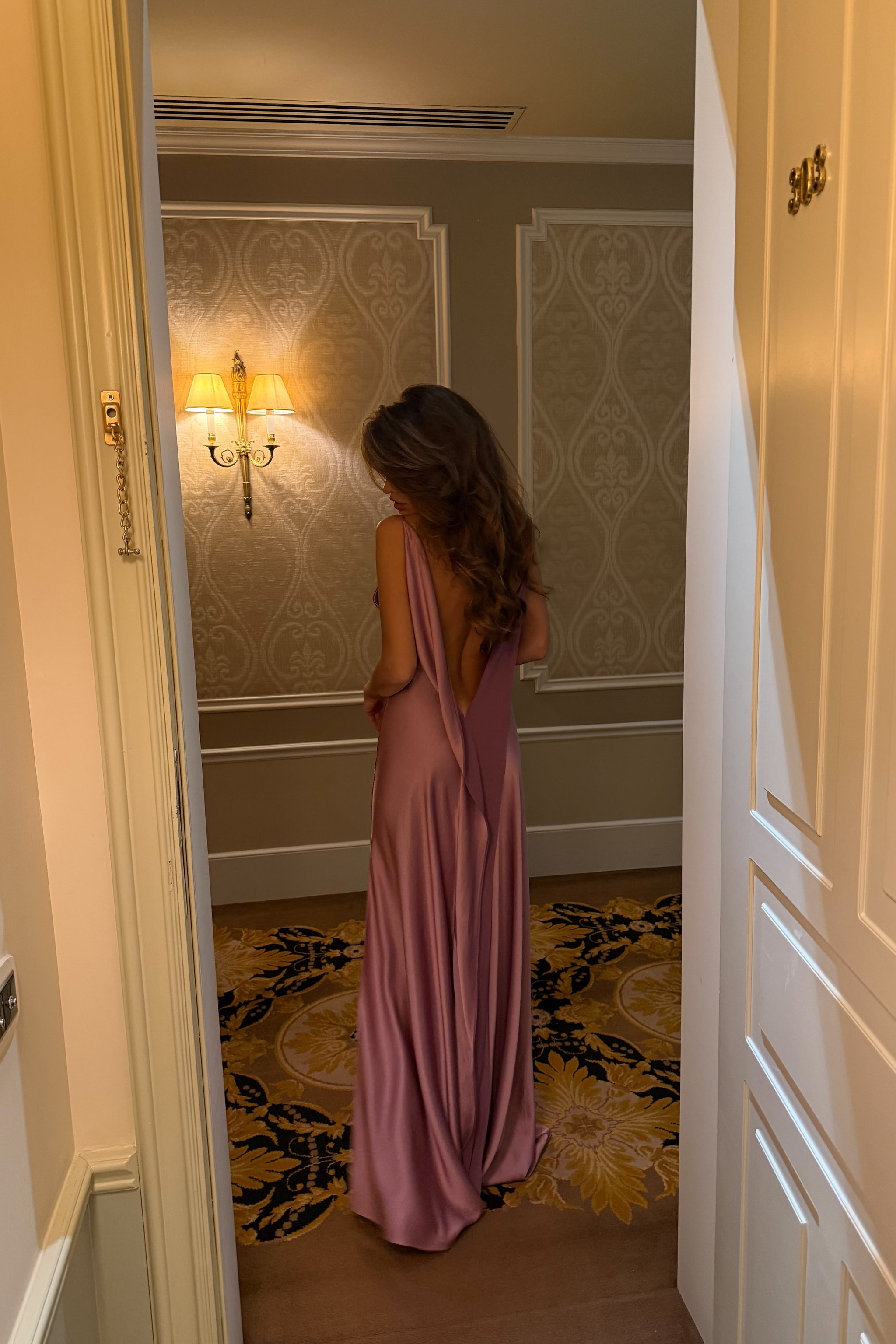 PINK DRESS WITH DEEP BACK NECKLINE