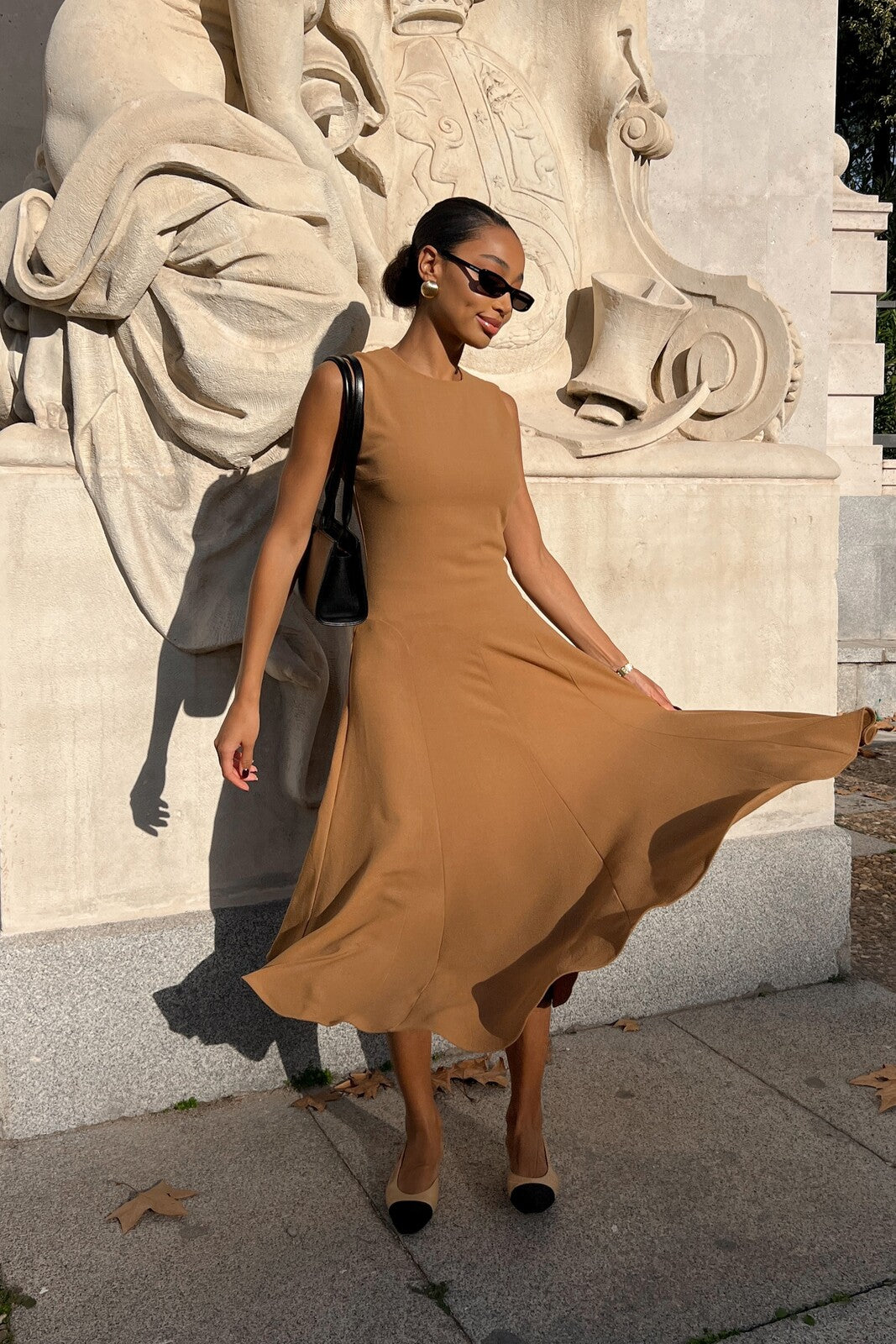 tan dress CAMEL SLEEVELESS DRESS