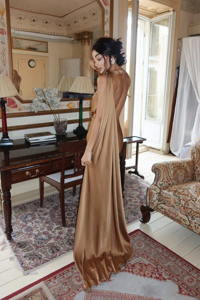 camel maxi dress LONG WITH CAPE long sleeves and tiered Ivory:Ivory lessonsinstyle Simple Red Satin Long