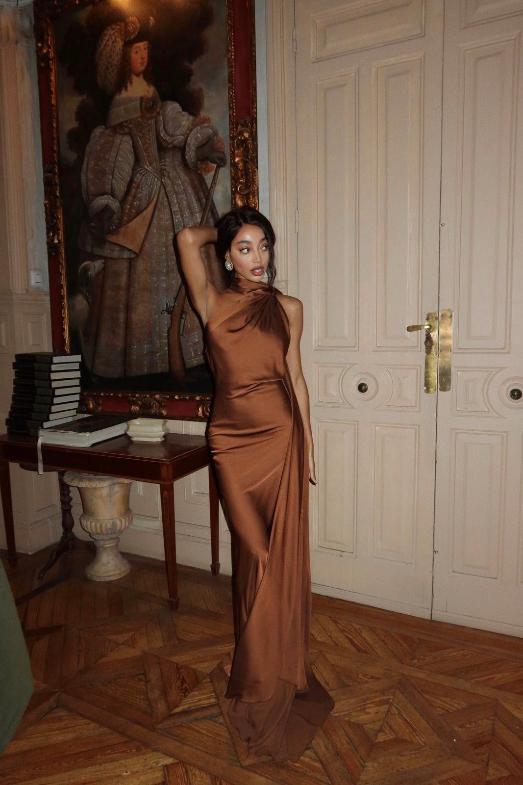 brown cape dress Izel Cape Gown