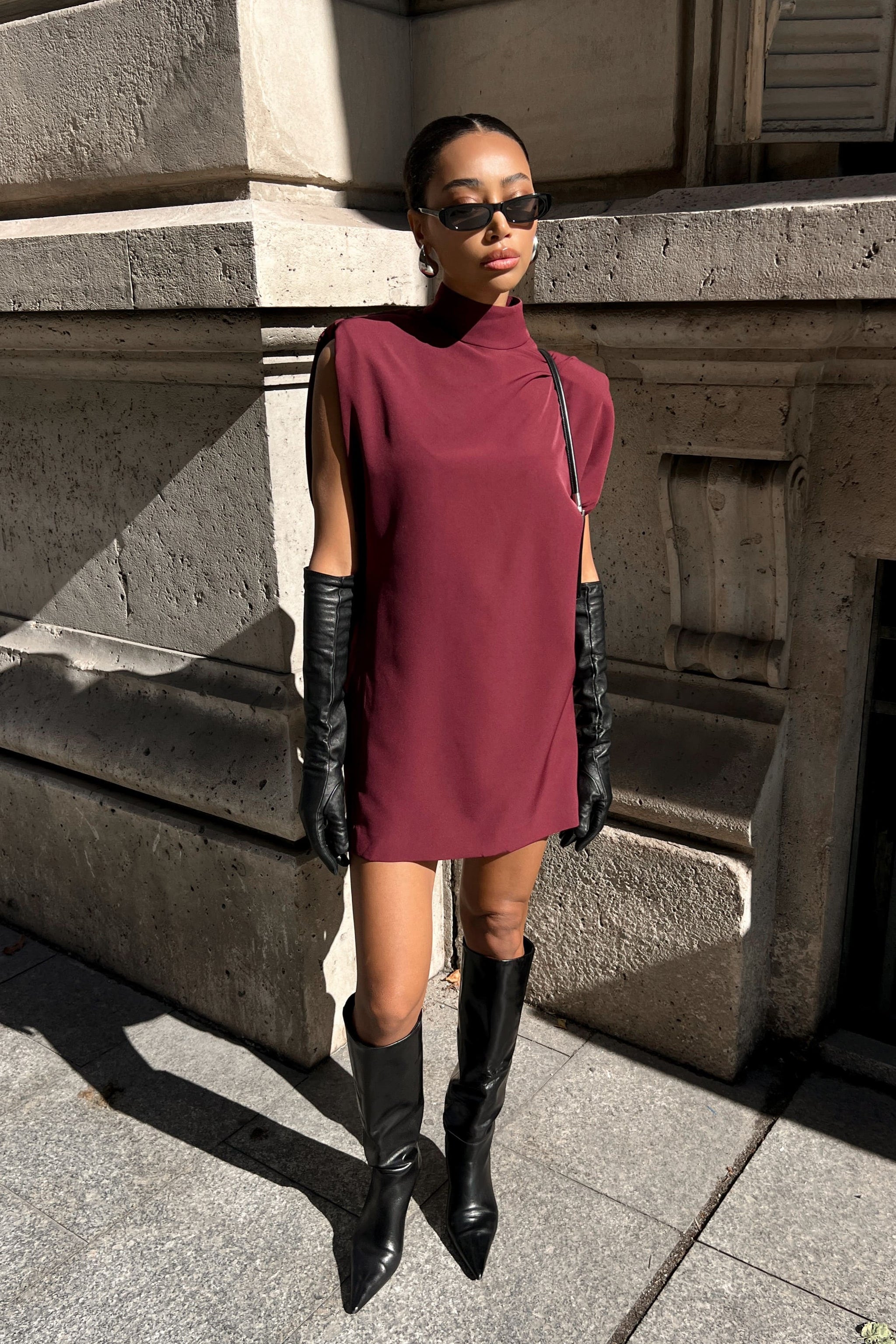 bordeaux leather dress Bordeaux Leather Midi Dress With Open Back