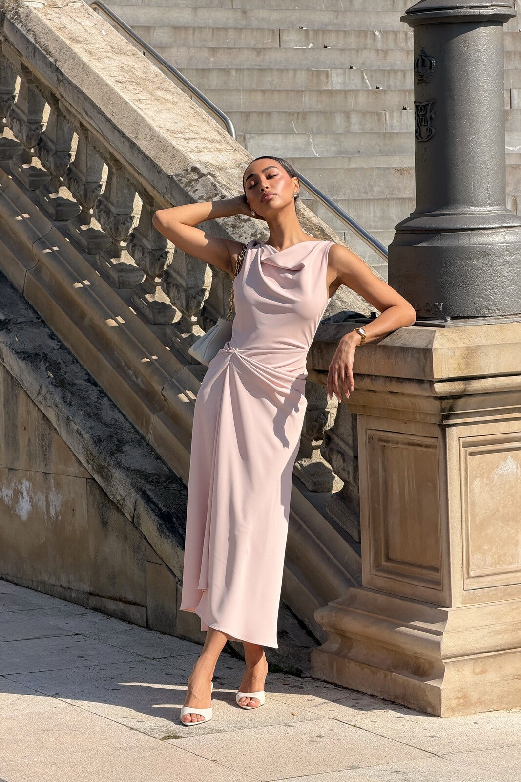 LIGHT PINK MIDI DRESS WITH DRAPED NECKLINE