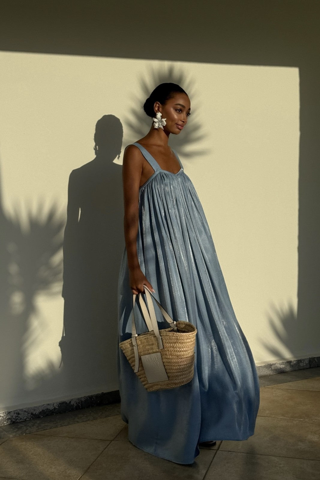 LONG BLUE SATIN DRESS WITH OPEN BACK