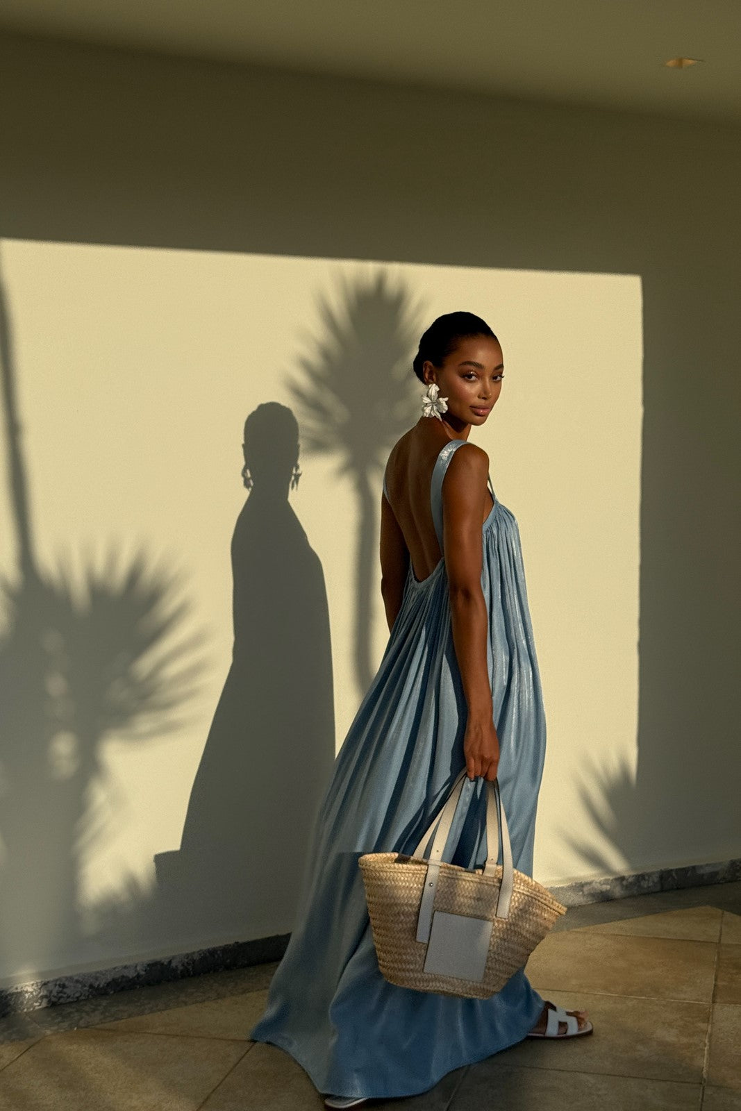 LONG BLUE SATIN DRESS WITH OPEN BACK