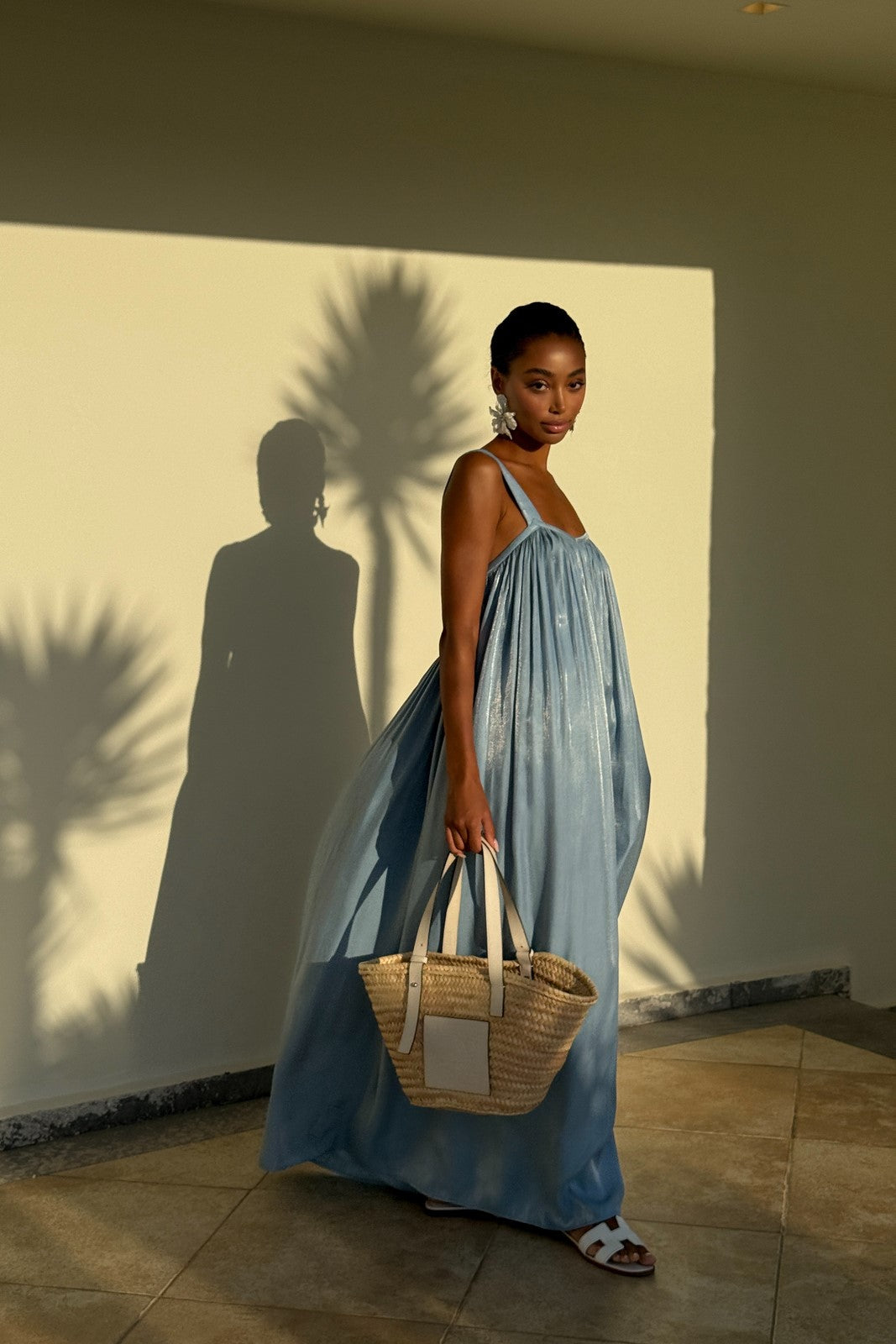 LONG BLUE SATIN DRESS WITH OPEN BACK