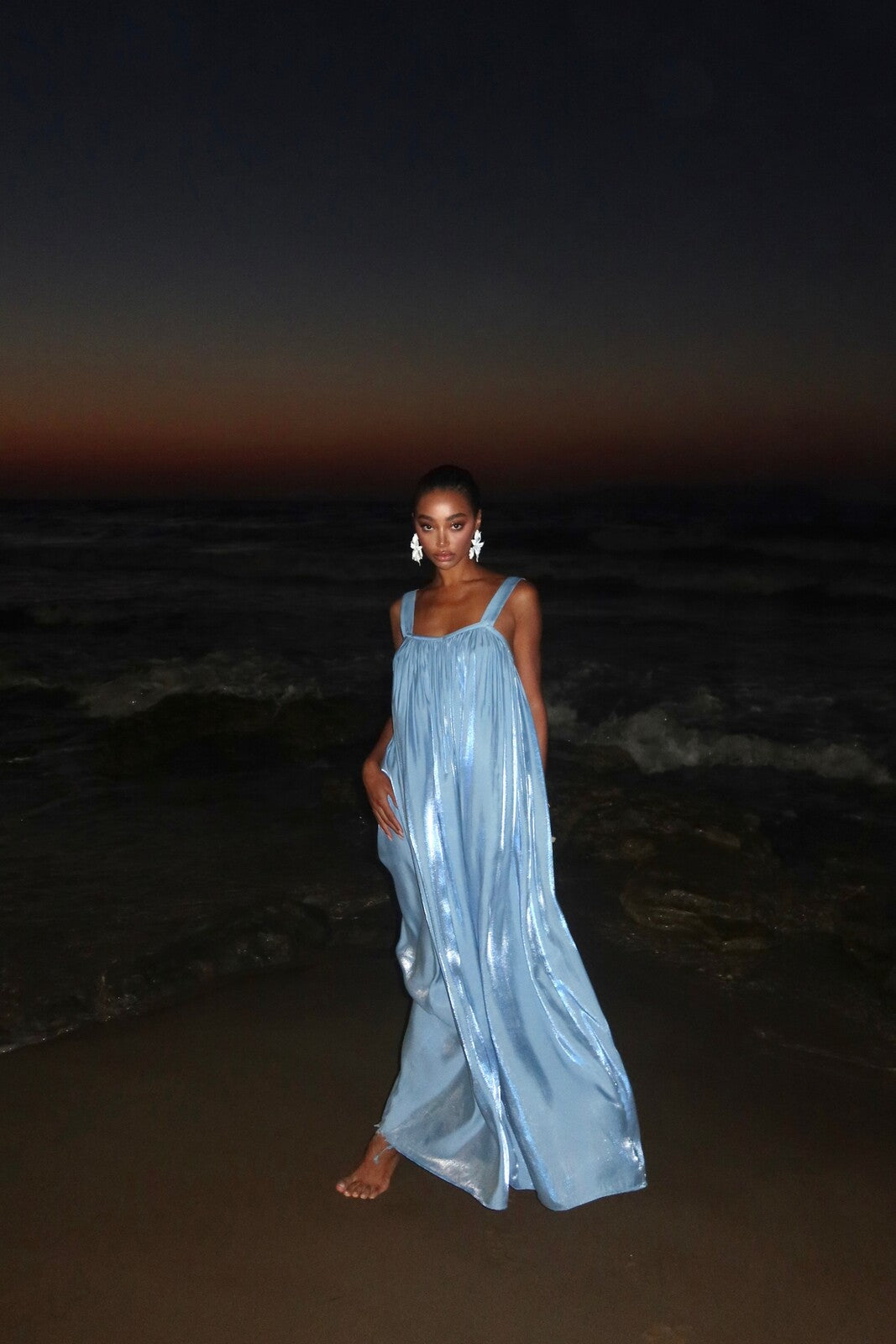 LONG BLUE SATIN DRESS WITH OPEN BACK