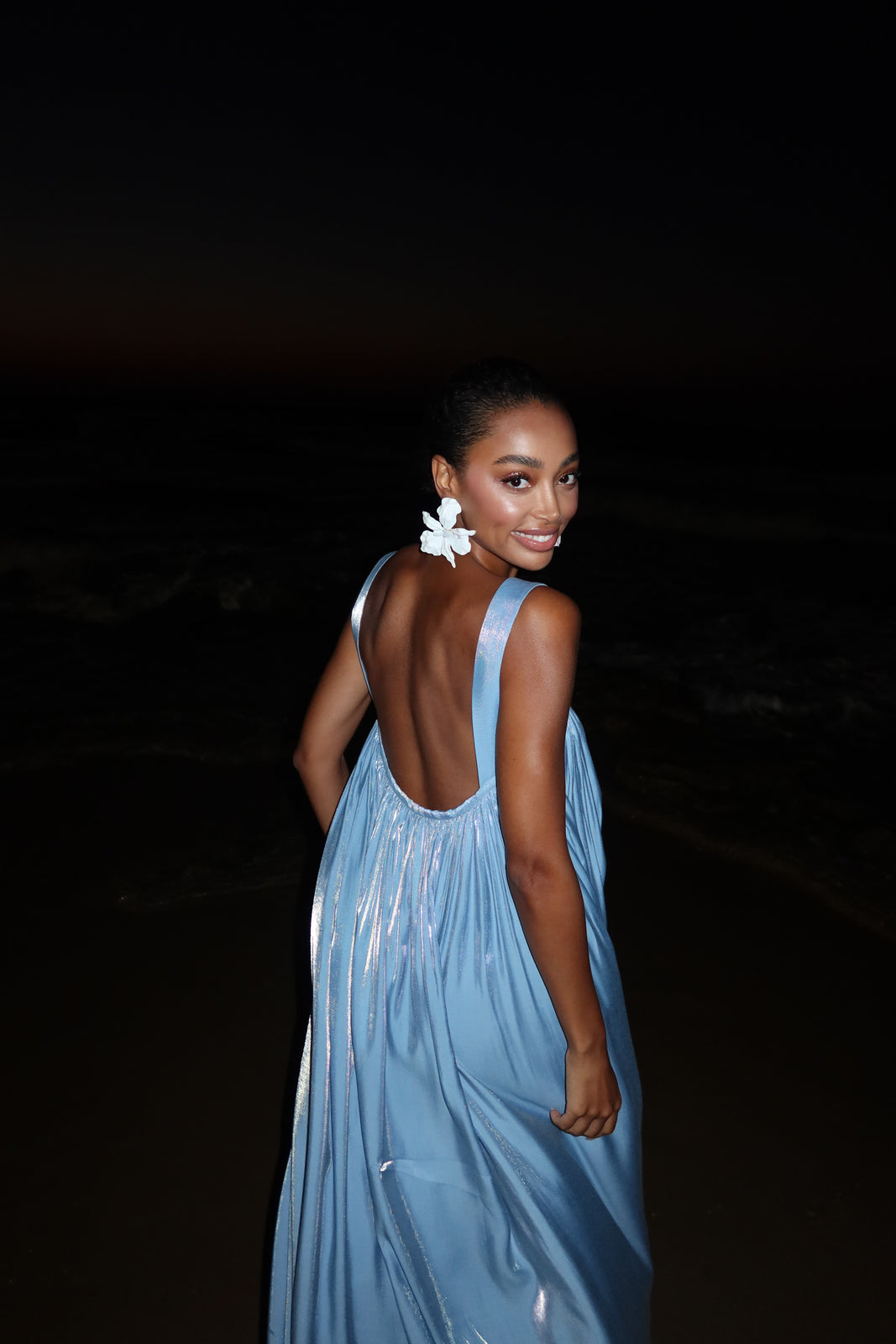 LONG BLUE SATIN DRESS WITH OPEN BACK