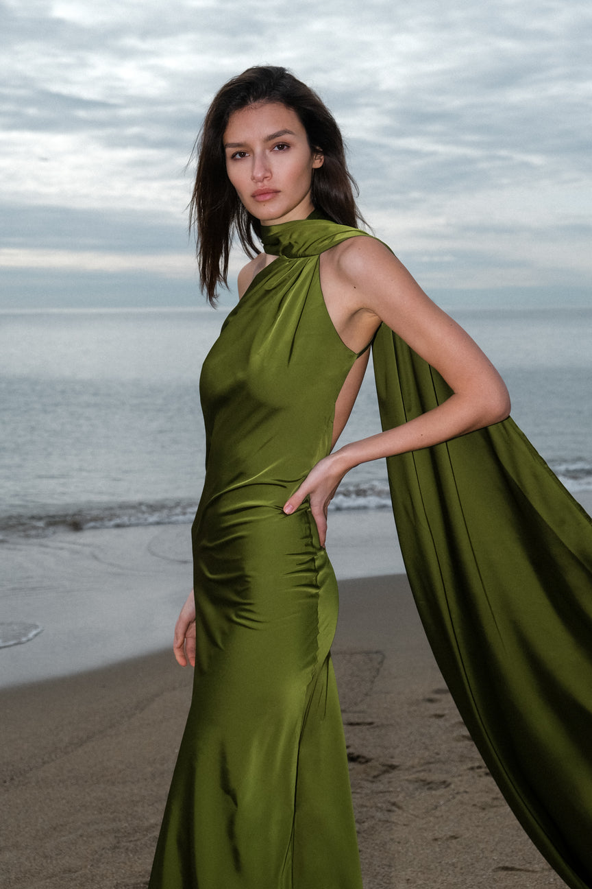 LONG OLIVE GREEN DRESS WITH CAPE