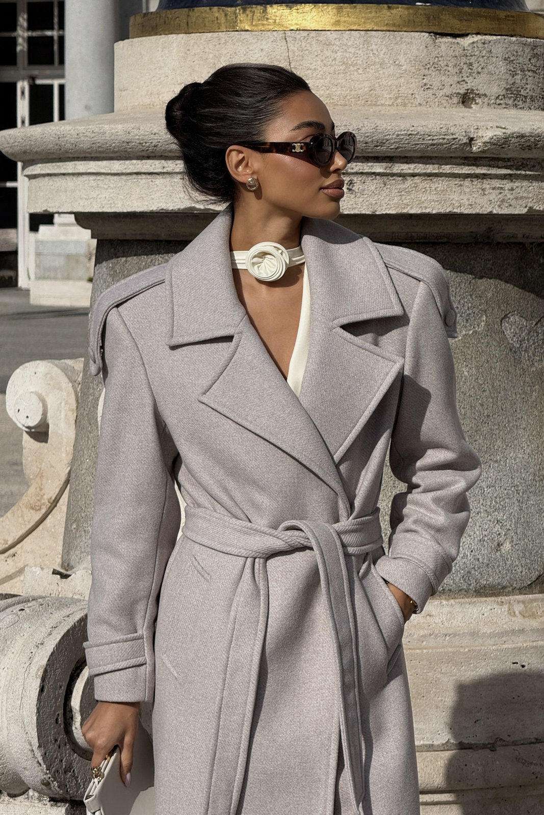 PEARL TAUPE WOOL COAT WITH BELT