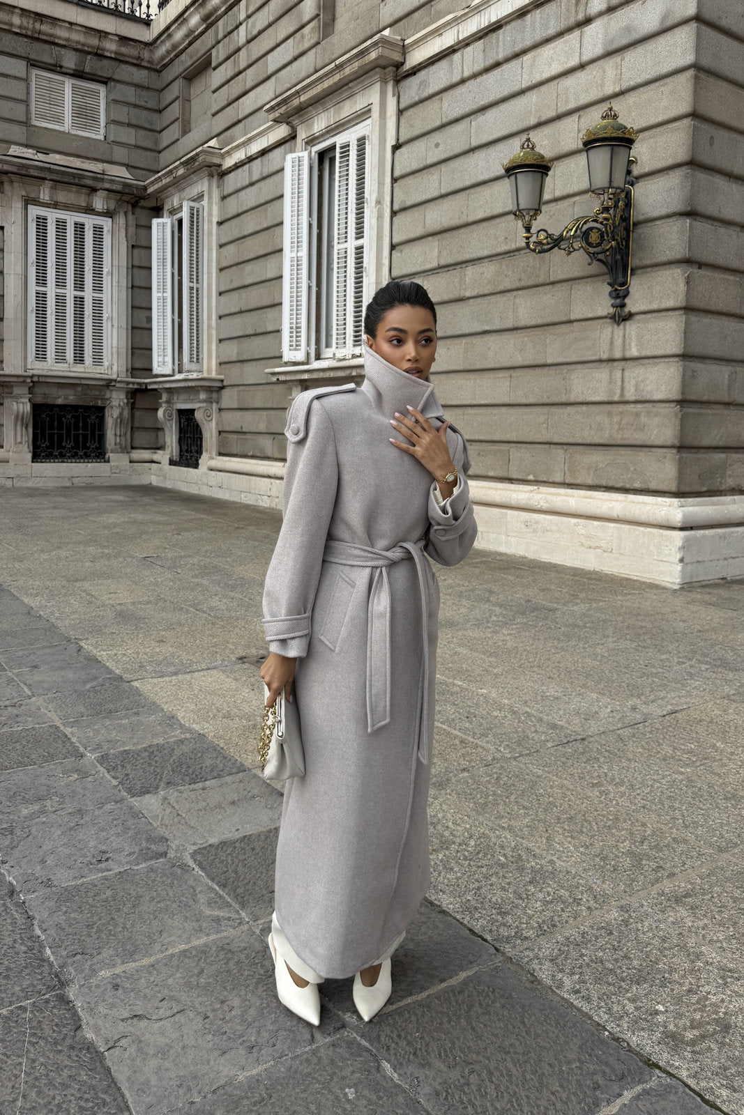 PEARL TAUPE WOOL COAT WITH BELT