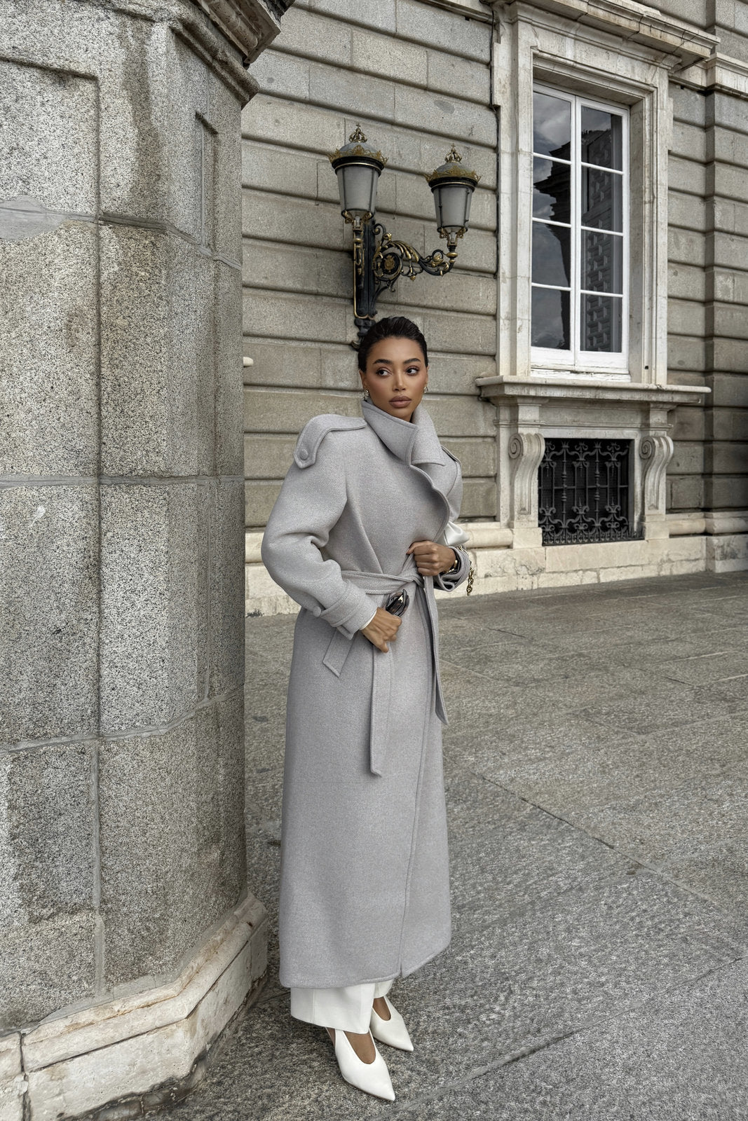 PEARL TAUPE WOOL COAT WITH BELT