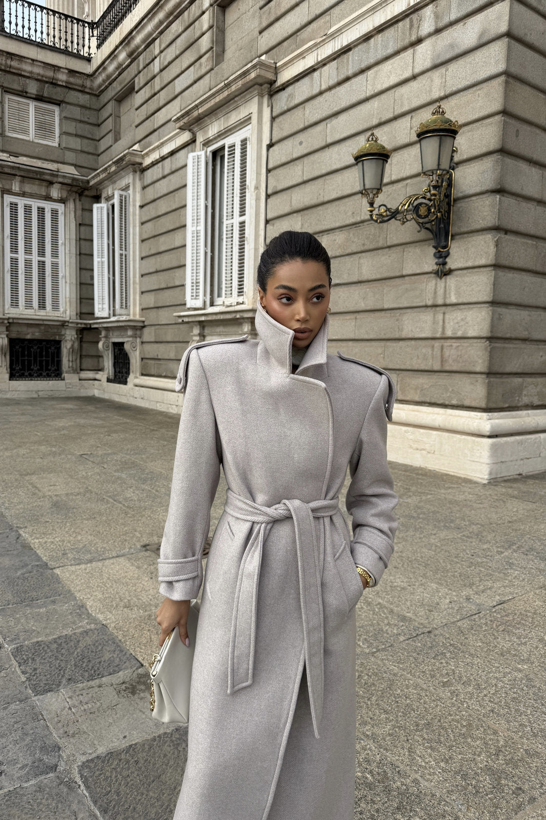 PEARL TAUPE WOOL COAT WITH BELT