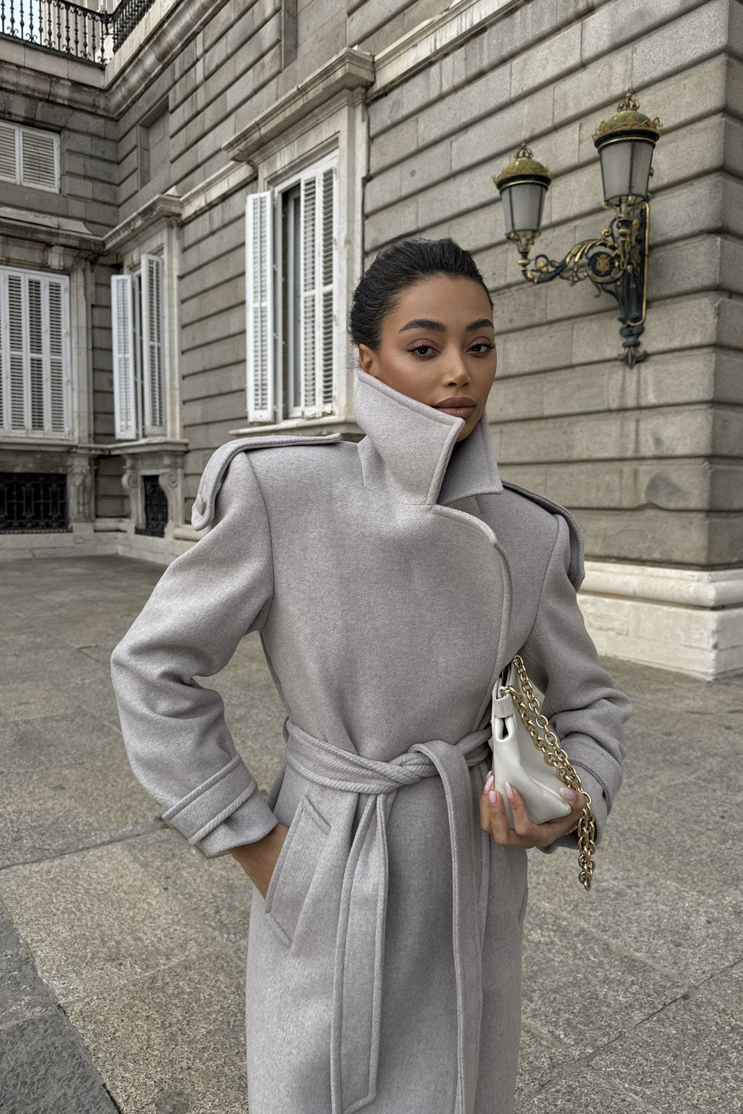 PEARL TAUPE WOOL COAT WITH BELT