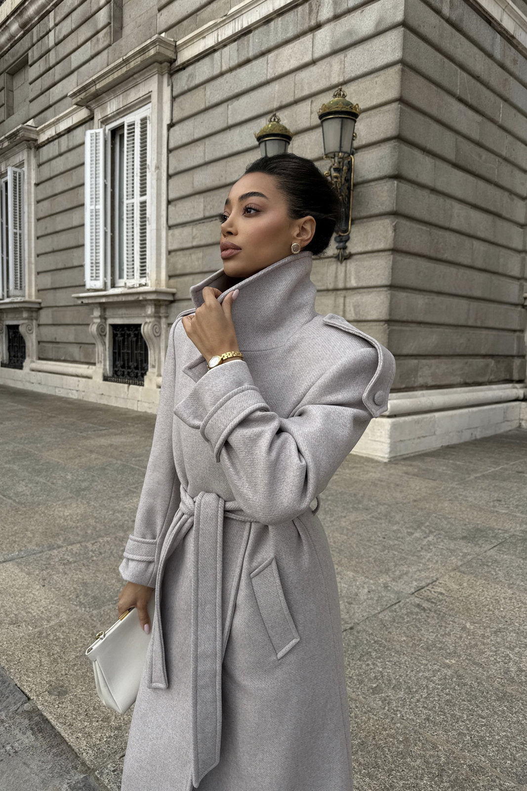 PEARL TAUPE WOOL COAT WITH BELT