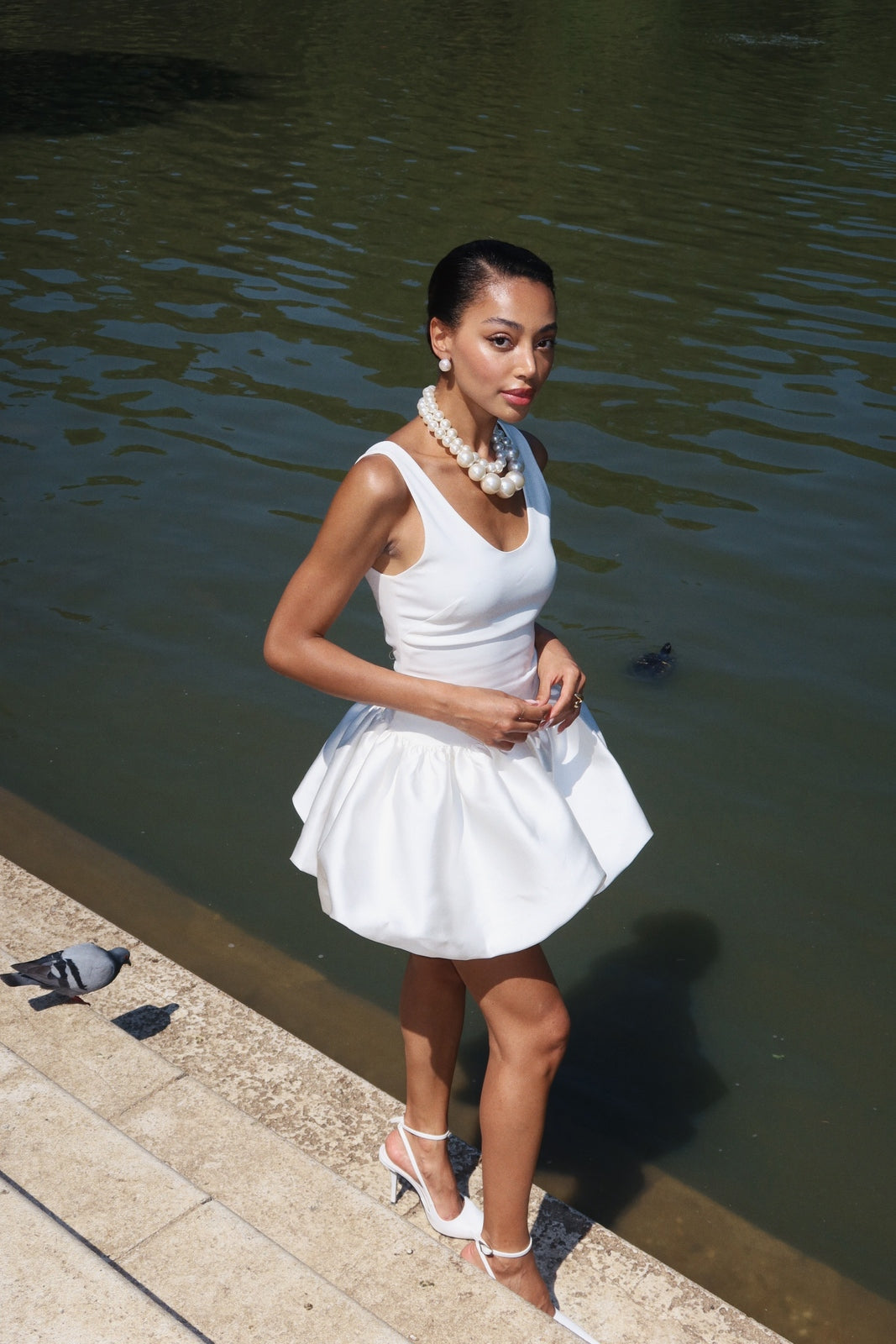 Short White Strap Dress with Flared Skirt Short White Strap Dress with Flared Skirt