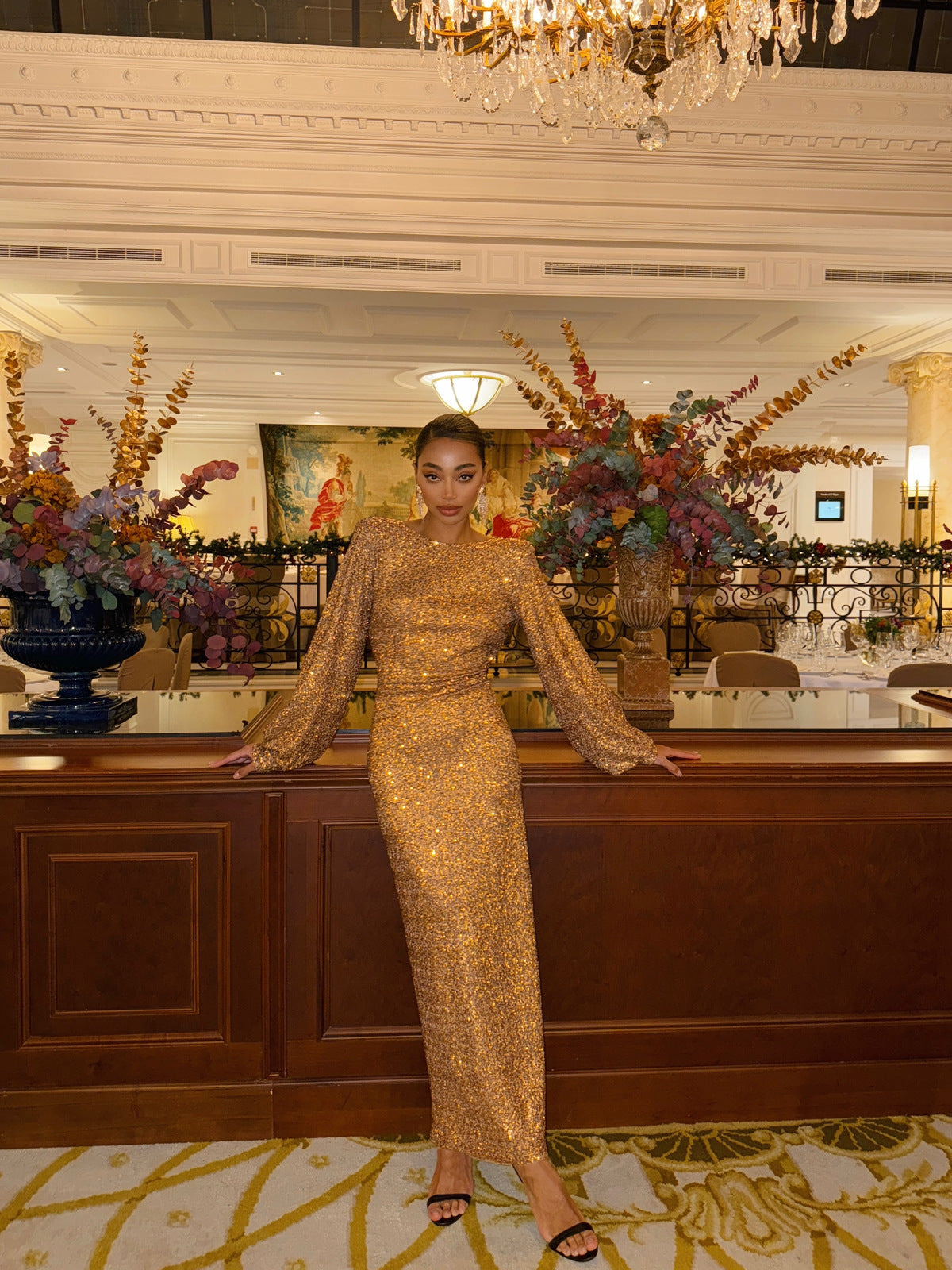 designer gold sequin dress Long Sequined Evening Gown with V-Neck Gold / 10