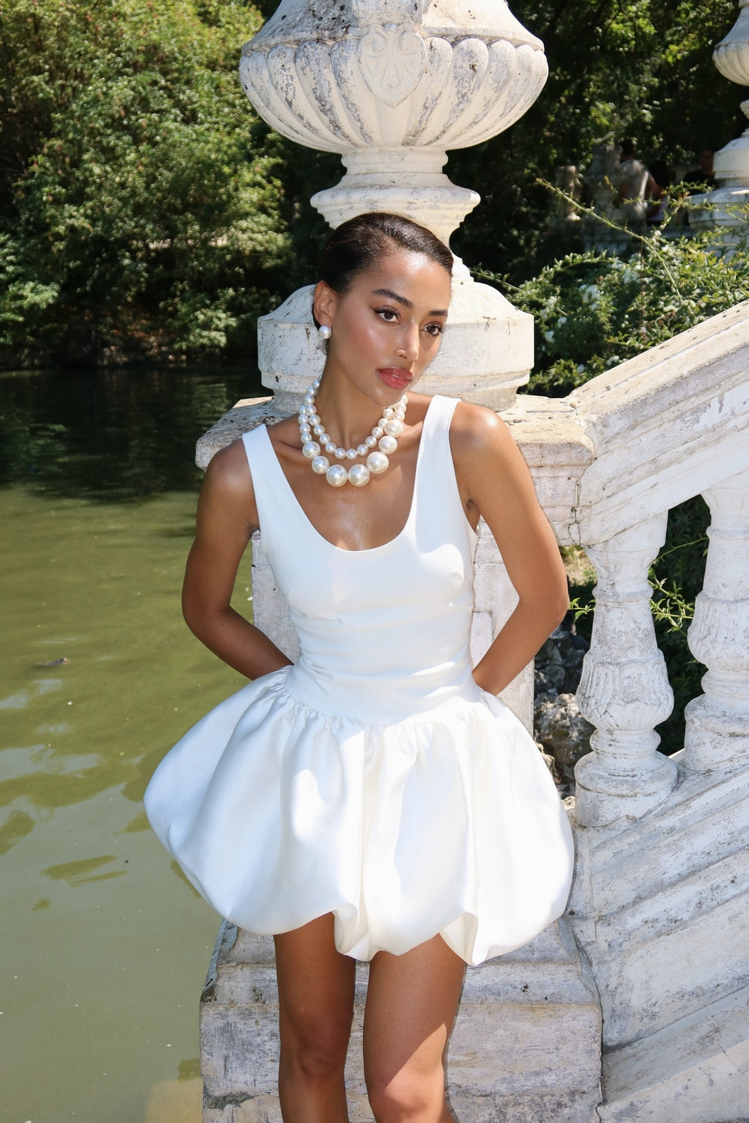 Short White Strap Dress with Flared Skirt