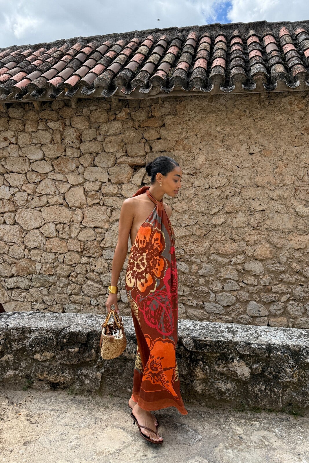 VESTIDO DE LINO TERRACOTA FLORAL