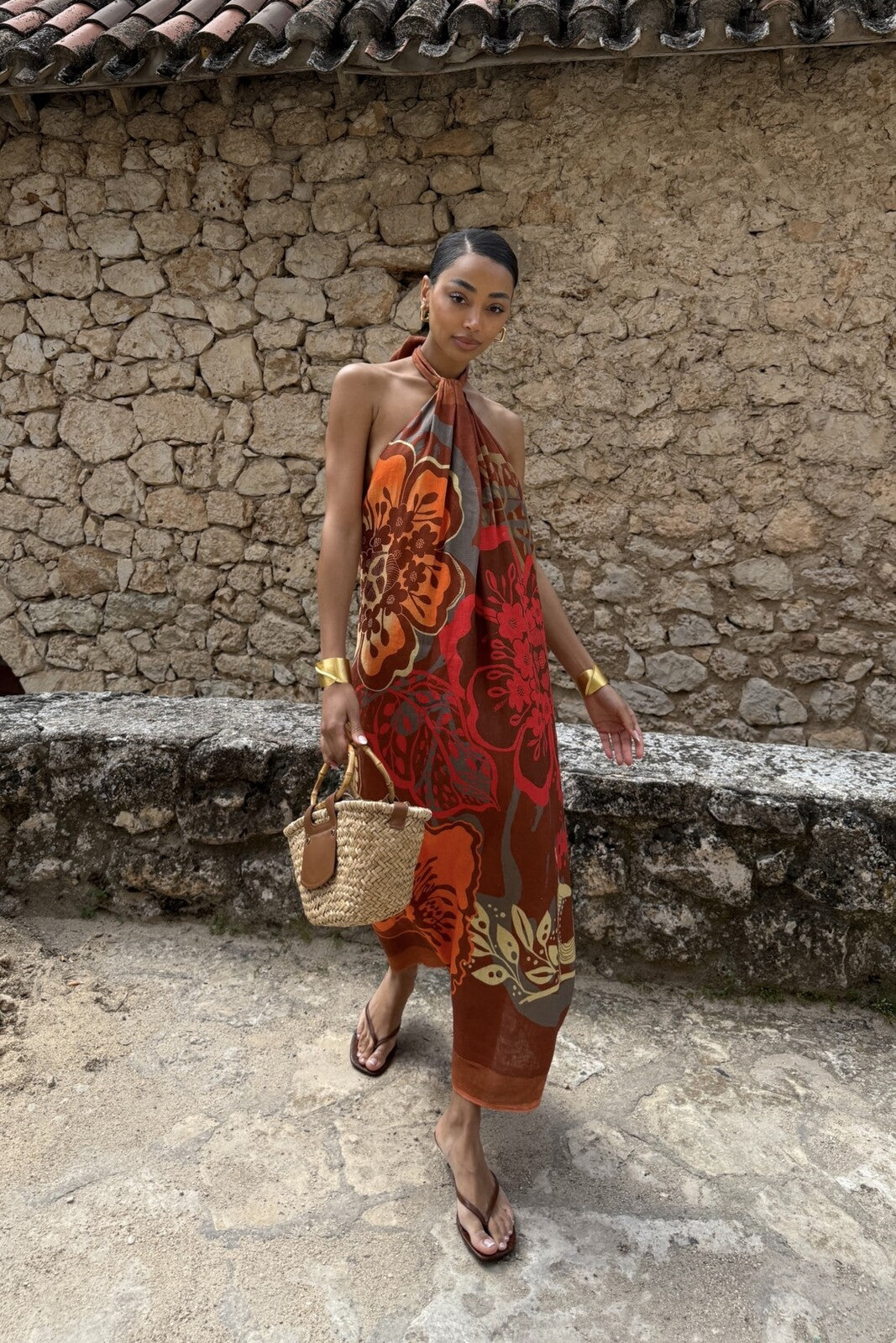 VESTIDO DE LINO TERRACOTA FLORAL
