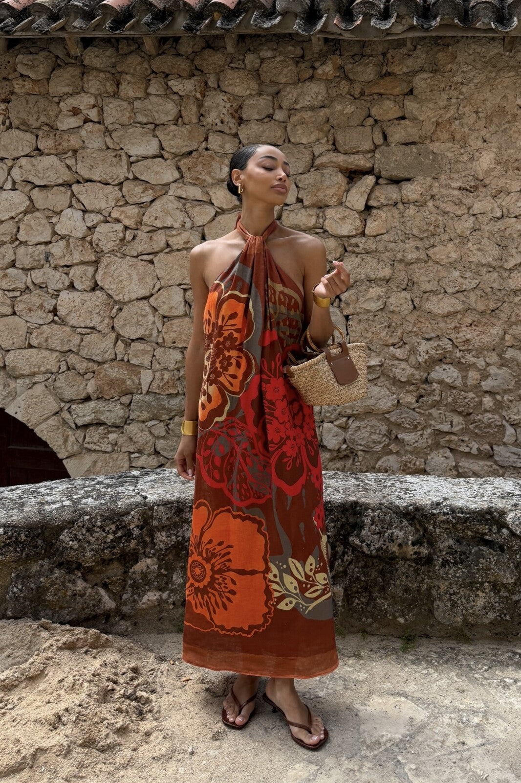VESTIDO DE LINO TERRACOTA FLORAL