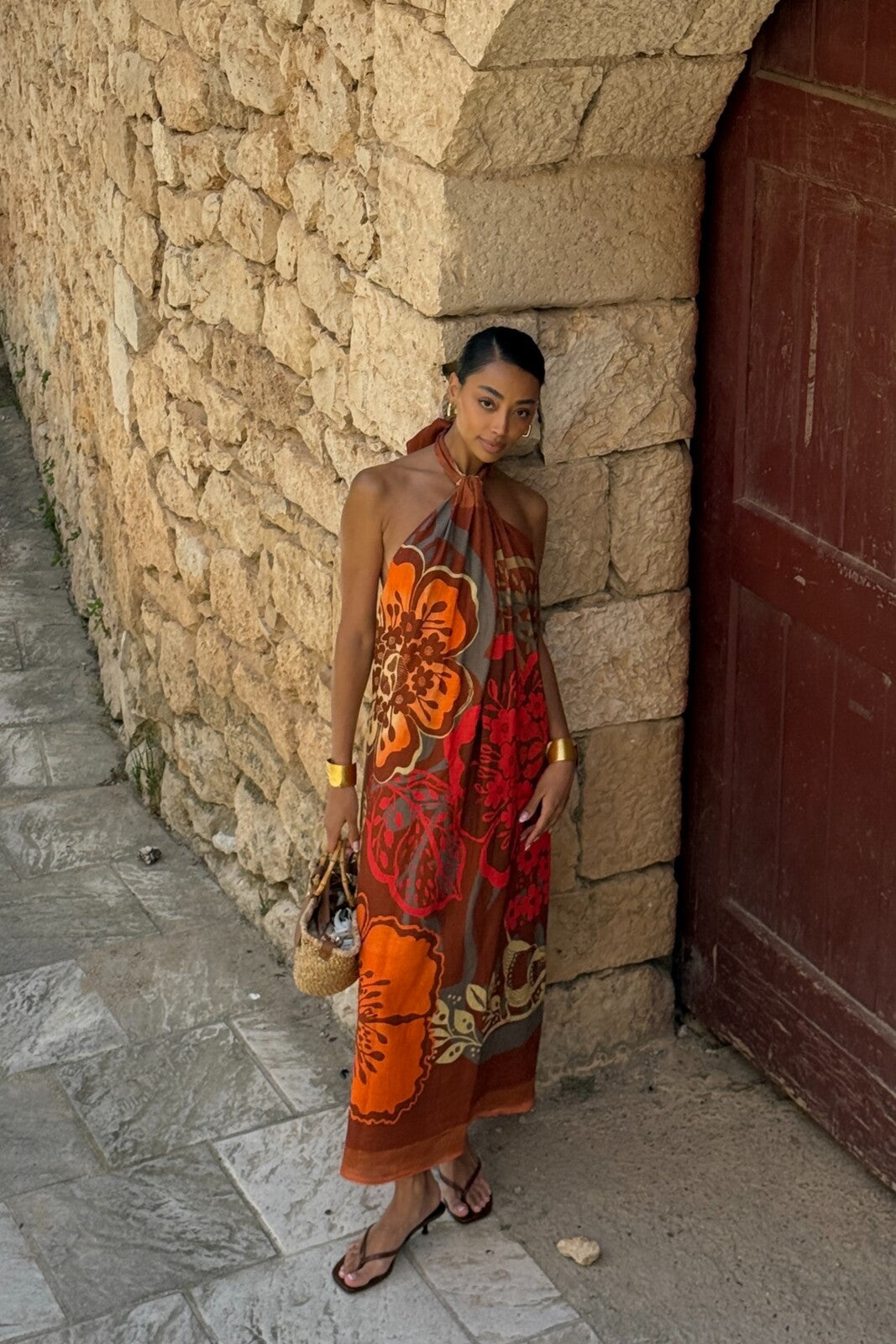 VESTIDO DE LINO TERRACOTA FLORAL