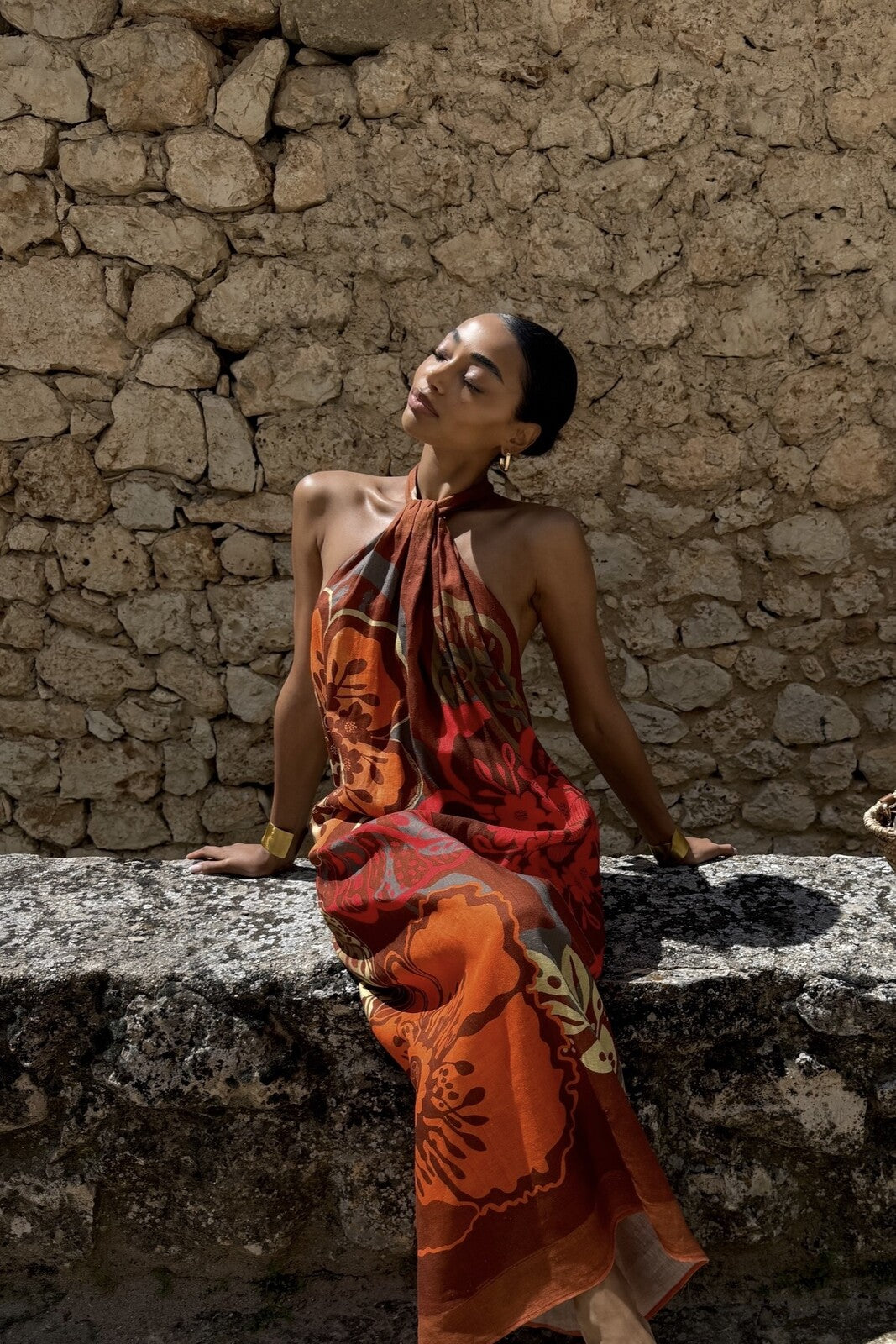 VESTIDO DE LINO TERRACOTA FLORAL
