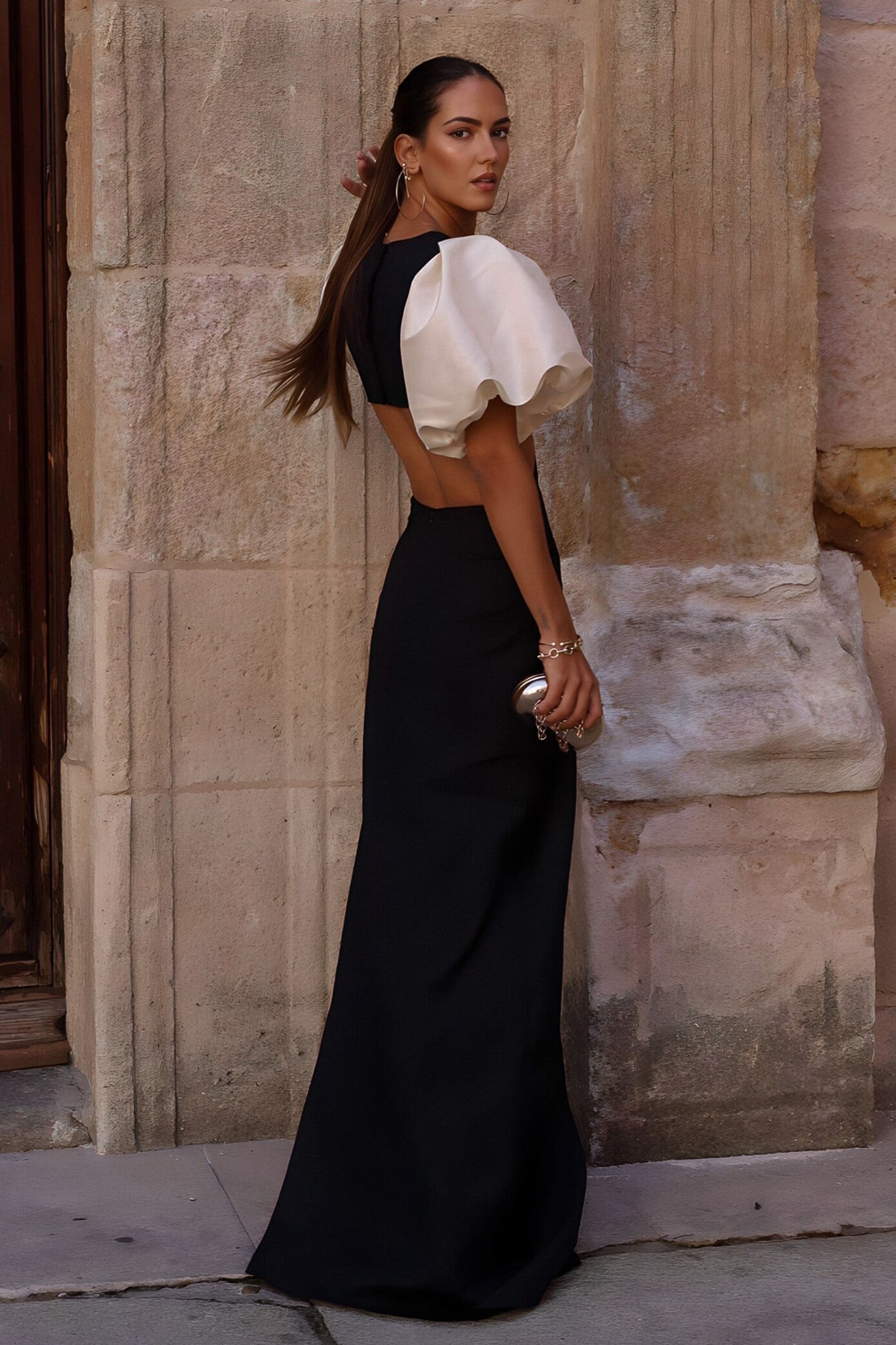 BLACK DRESS WITH PEARL SLEEVES - KAO BLACK DRESS WITH PEARL SLEEVES - KAO