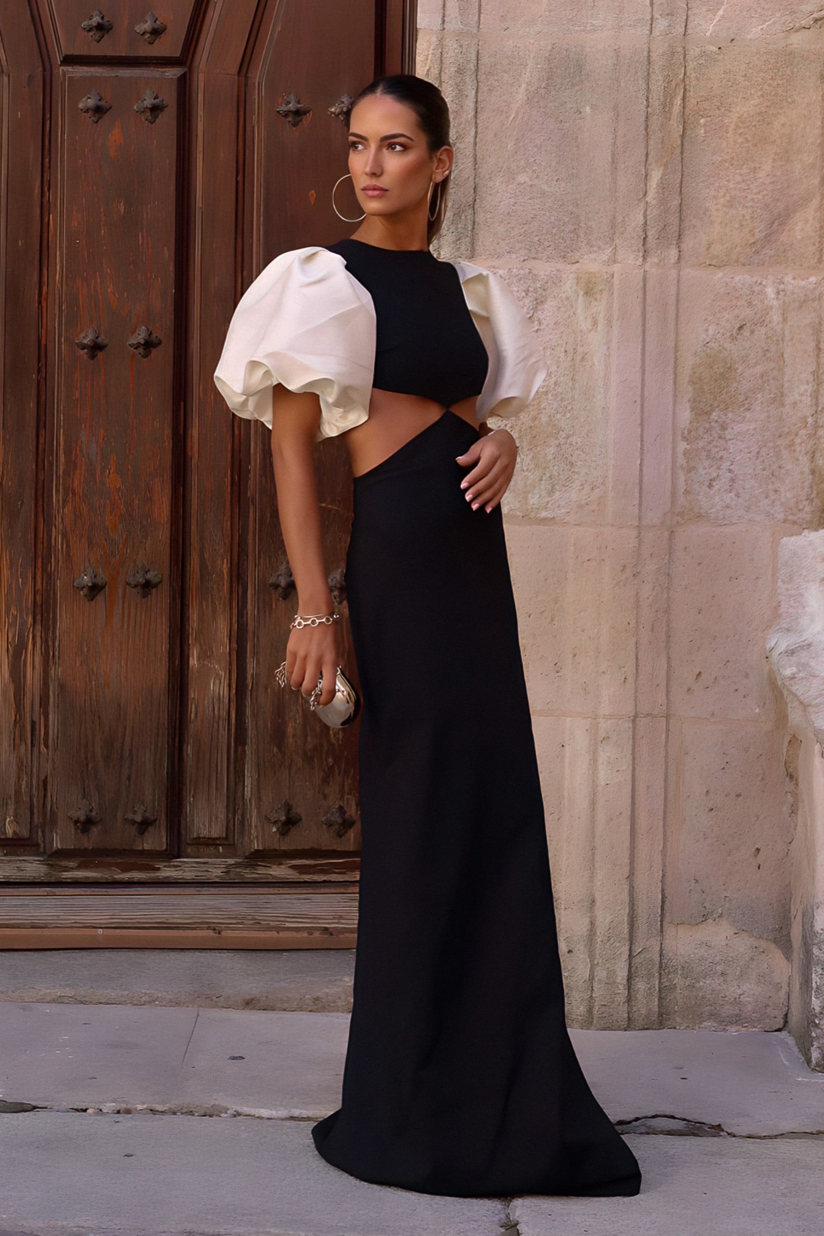 BLACK DRESS WITH PEARL SLEEVES - KAO BLACK DRESS WITH PEARL SLEEVES - KAO