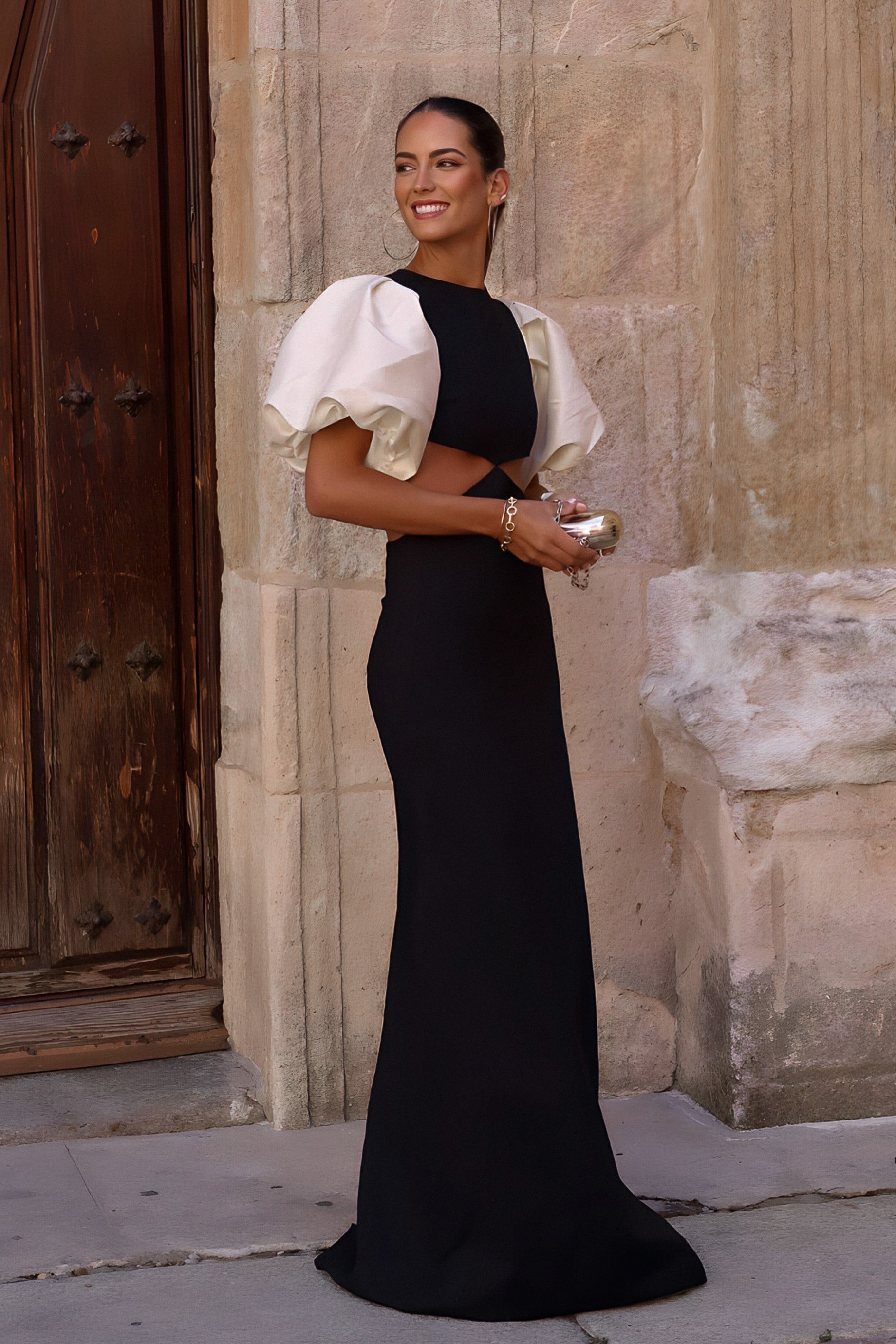 BLACK DRESS WITH PEARL SLEEVES - KAO BLACK DRESS WITH PEARL SLEEVES - KAO