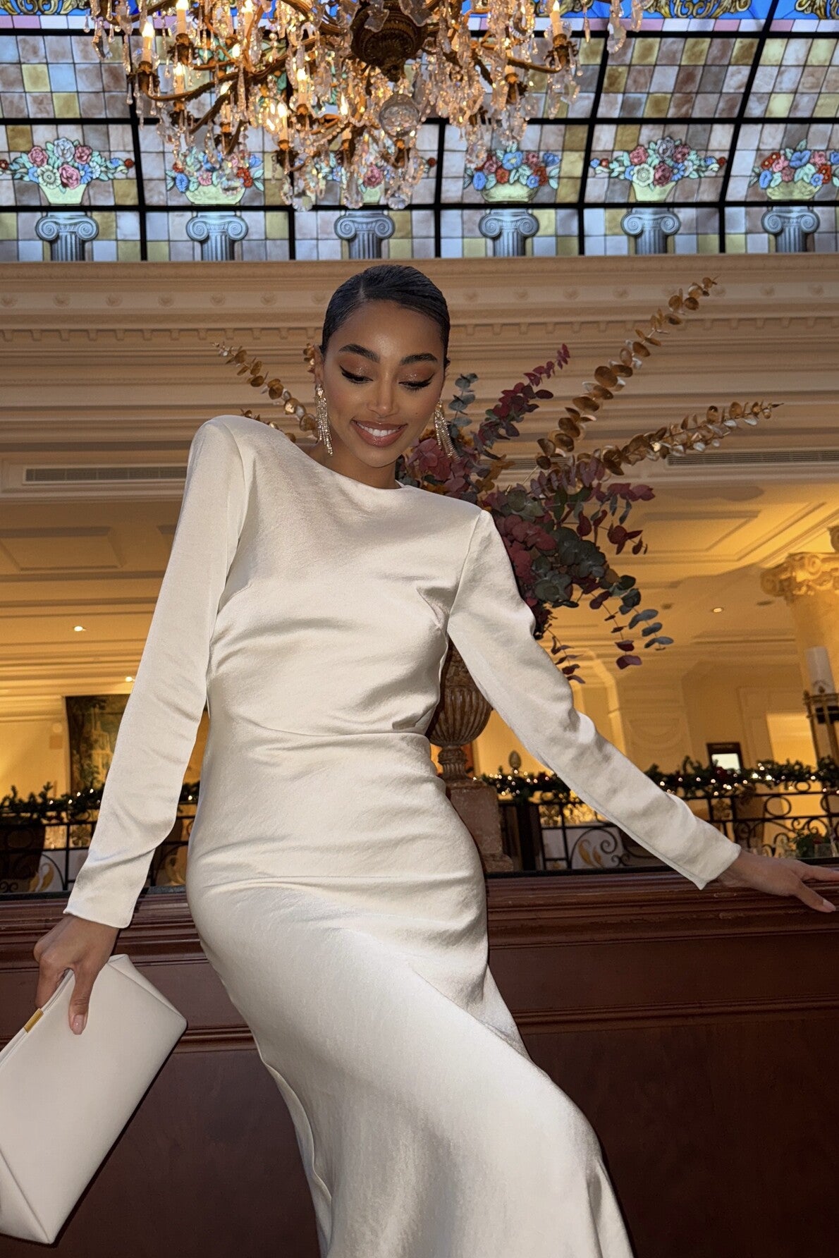 long white long sleeve dress Fleurisia | Square-Neck Maxi With Mesh Long-Sleeves while a hidden zipper/clasp sits beneath a row of decorative buttons Long Sleeve Draped Detail Maxi