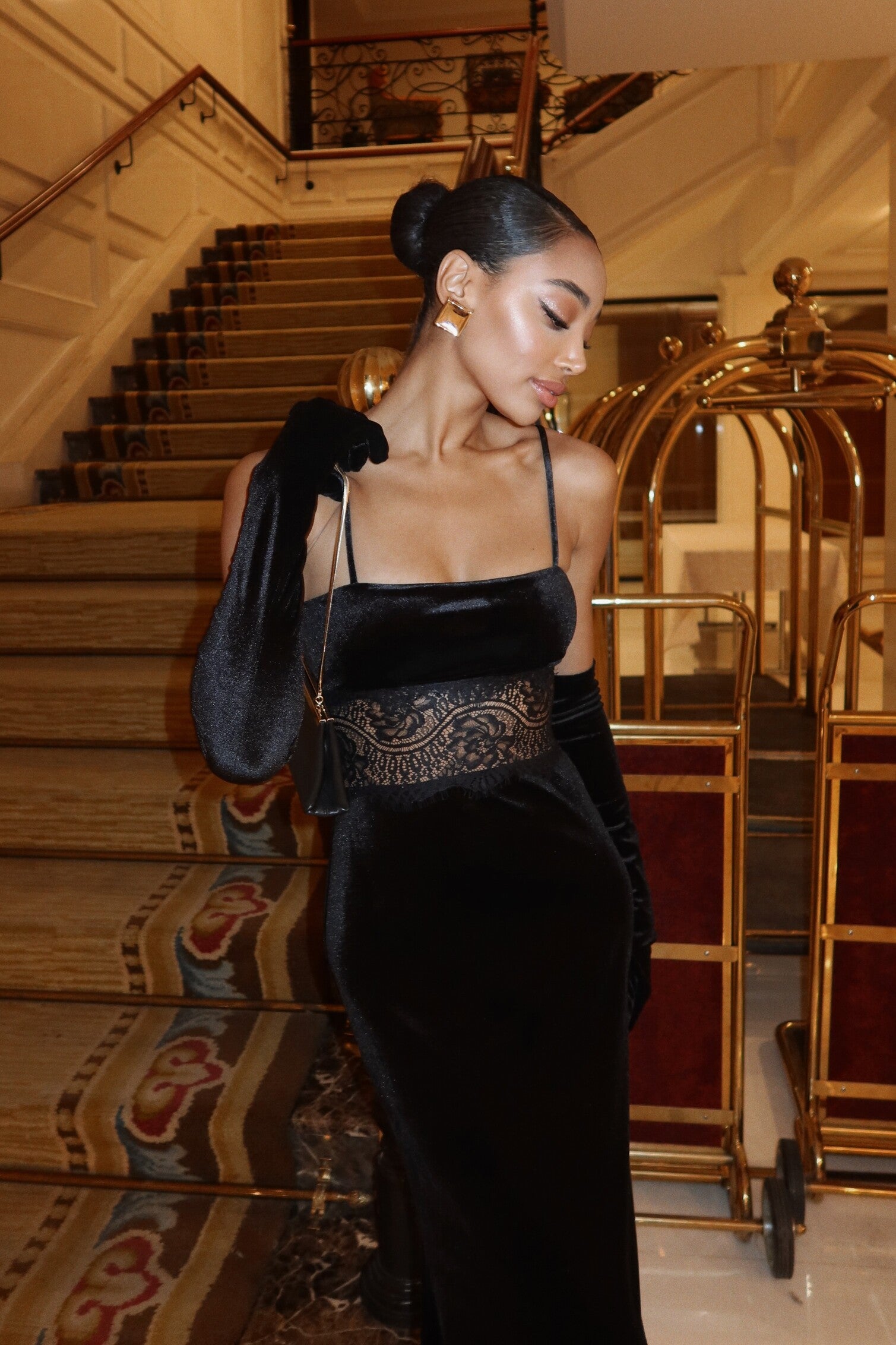 BLACK VELVET DRESS WITH LACE INSERT - KAO BLACK VELVET DRESS WITH LACE INSERT - KAO