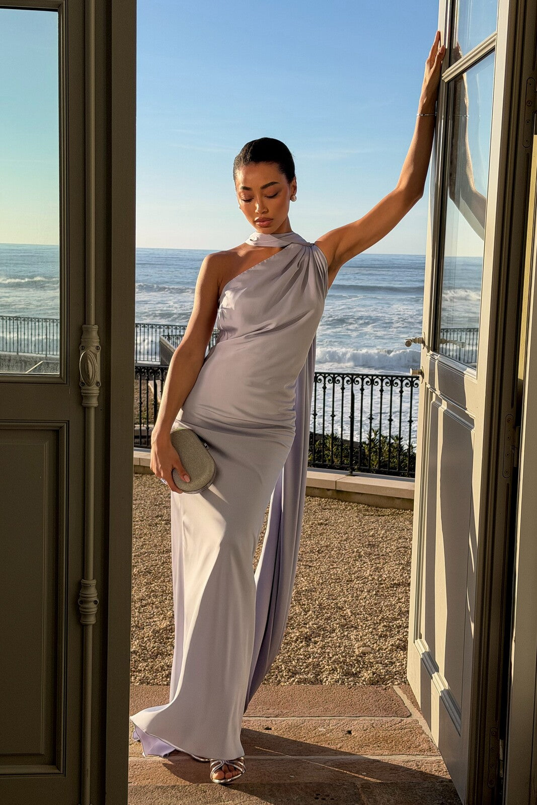 LONG LIGHT LAVENDER DRESS WITH CAPE