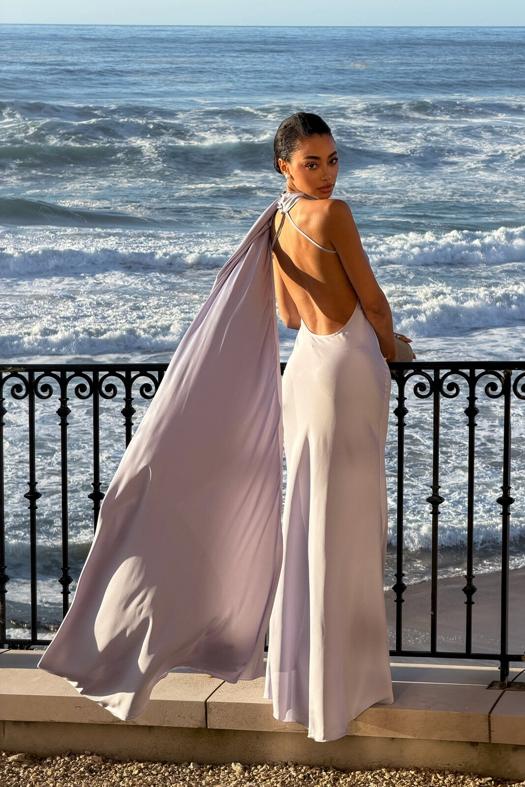LONG LIGHT LAVENDER DRESS WITH CAPE