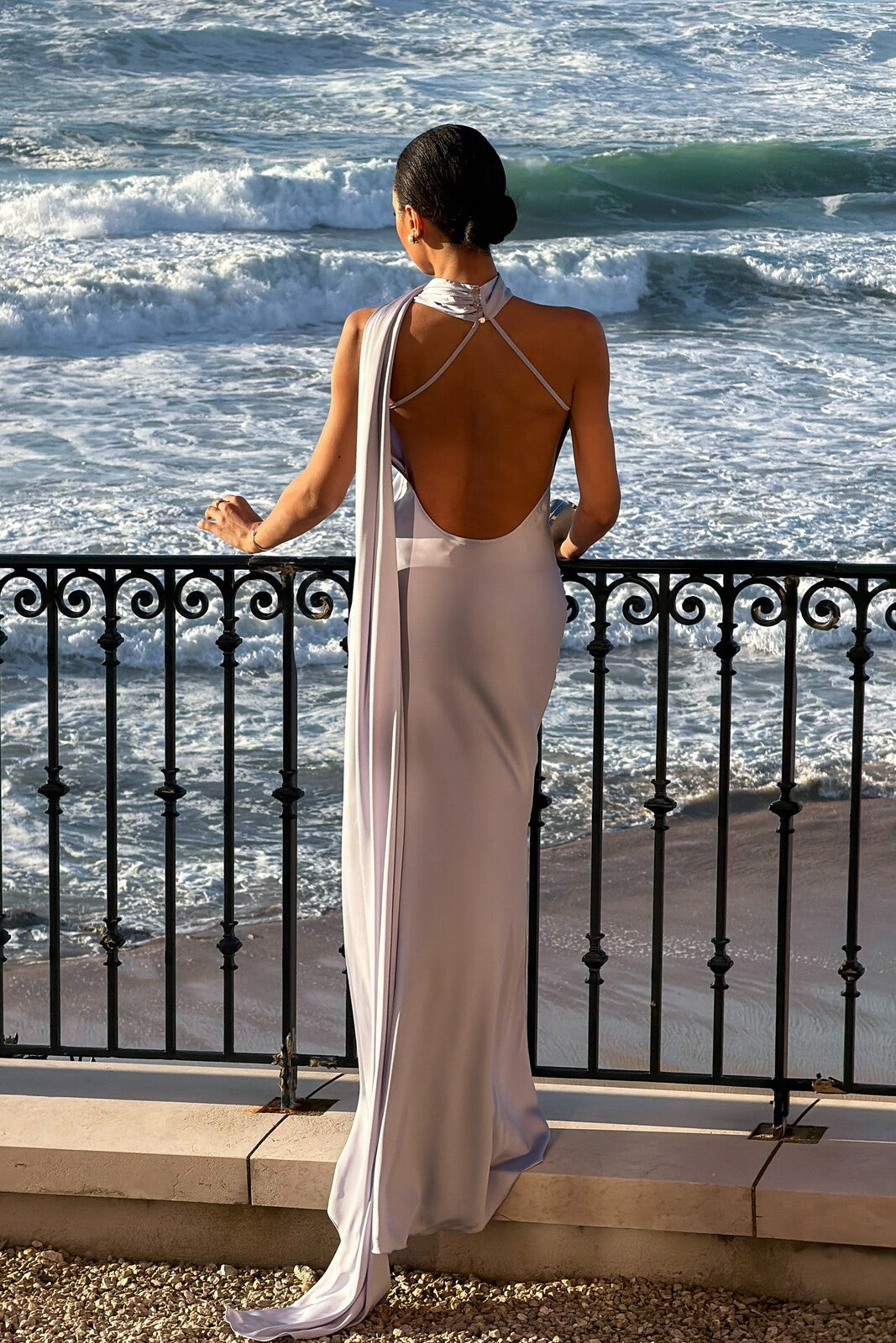 LONG LIGHT LAVENDER DRESS WITH CAPE