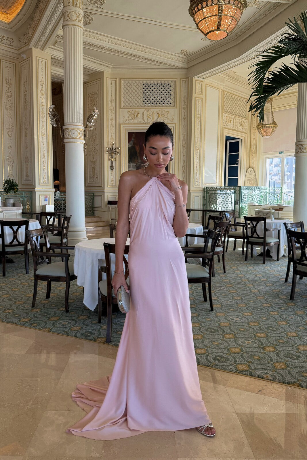 LONG LIGHT PINK DRESS WITH NECK DETAIL AND OPEN BACK